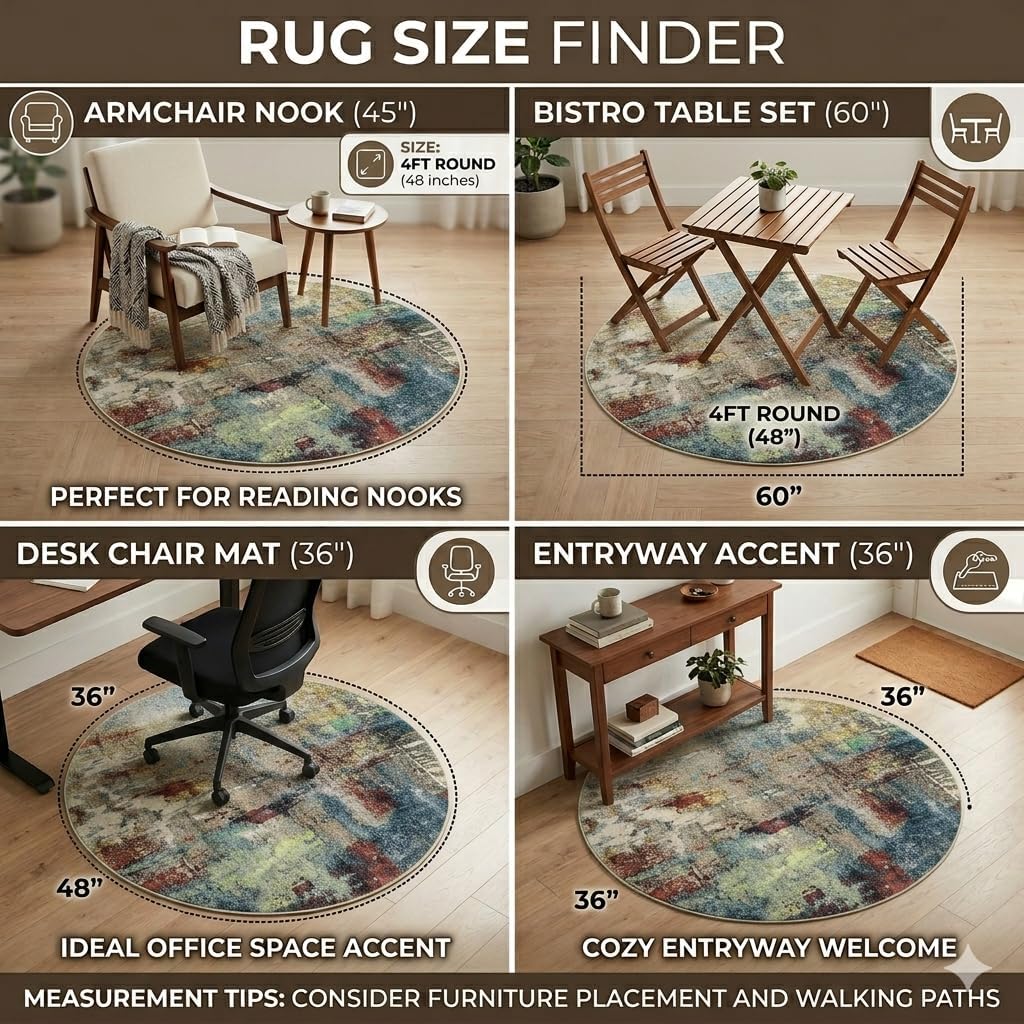 Lahome Modern Abstract Round Rug 4Ft - Washable 4x4 Circle Rugs for Living Room Bedroom Bathroom Non Slip, Soft Indoor Floor Carpet for Kitchen Entryway Family Room, Red/Multi