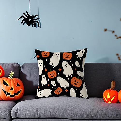 Miniatura 7 de Aitukang Juego de 2 fundas de almohada de Halloween de 16 x 16 pulgadas, diseño de calabaza, fantasma, estrellas, para exteriores, para el hogar,