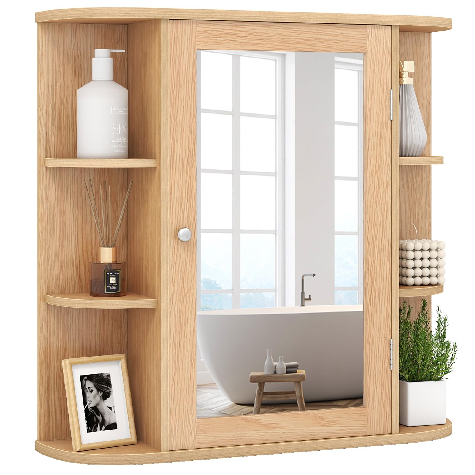 COSTWAY Armoire Murale de Salle de Bains avec Miroir avec Etagères Réglables et Compartiments Ouverts Armoire à Pharmacie pour Toilette (Naturel) (Naturel)