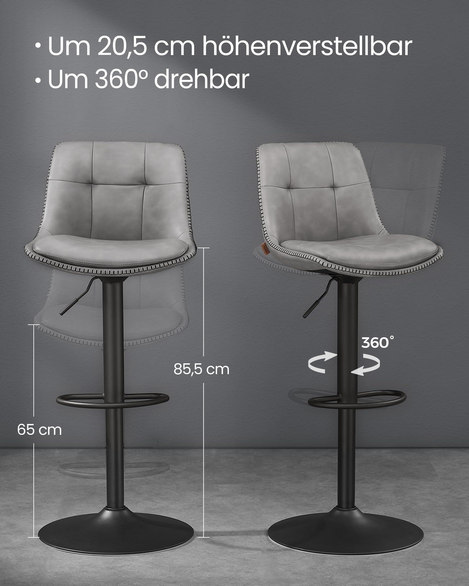 VASAGLE Barhocker 2er Set, Barstühle höhenverstellbar, drehbare Küchenhocker, PU-Bezug, mit Rückenlehne und Fußstütze, Esszimmer, Theke, Stahl, höhenverstellbar 65-85,5 cm, grau-Mattschwarz LJB095G01