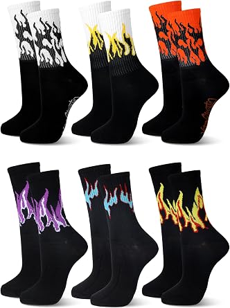 Fourluoo 6 Pairs Women Flame Socks Fashion Men Fire Print Crew Socks Breathable Cotton Casual for Fall Winter Sports