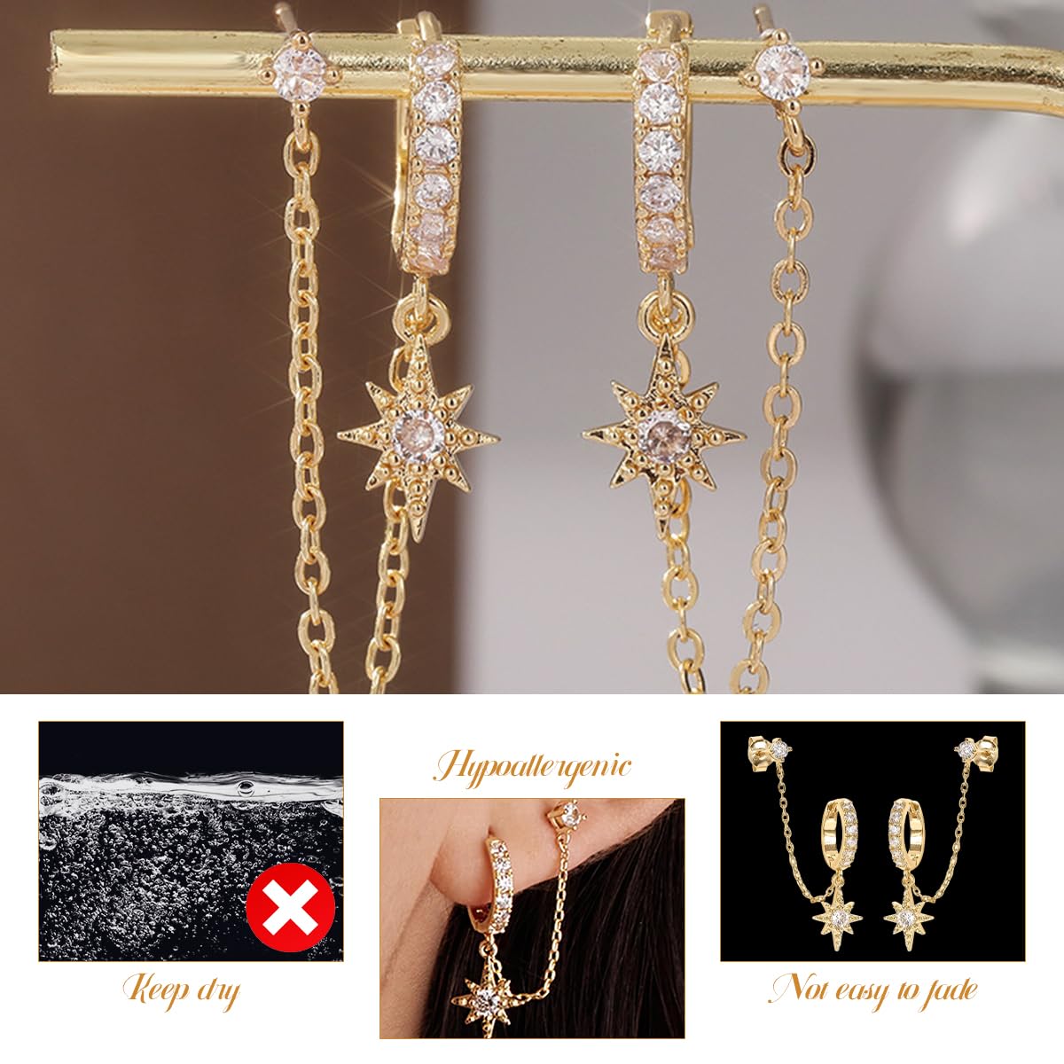 SANNIDHI® Earrings for Woman Gold Star Rhinestones Earring Double Piercing Dangle Chain Hoop Earrings Sparkling Stones Pendant Studs for Women 2