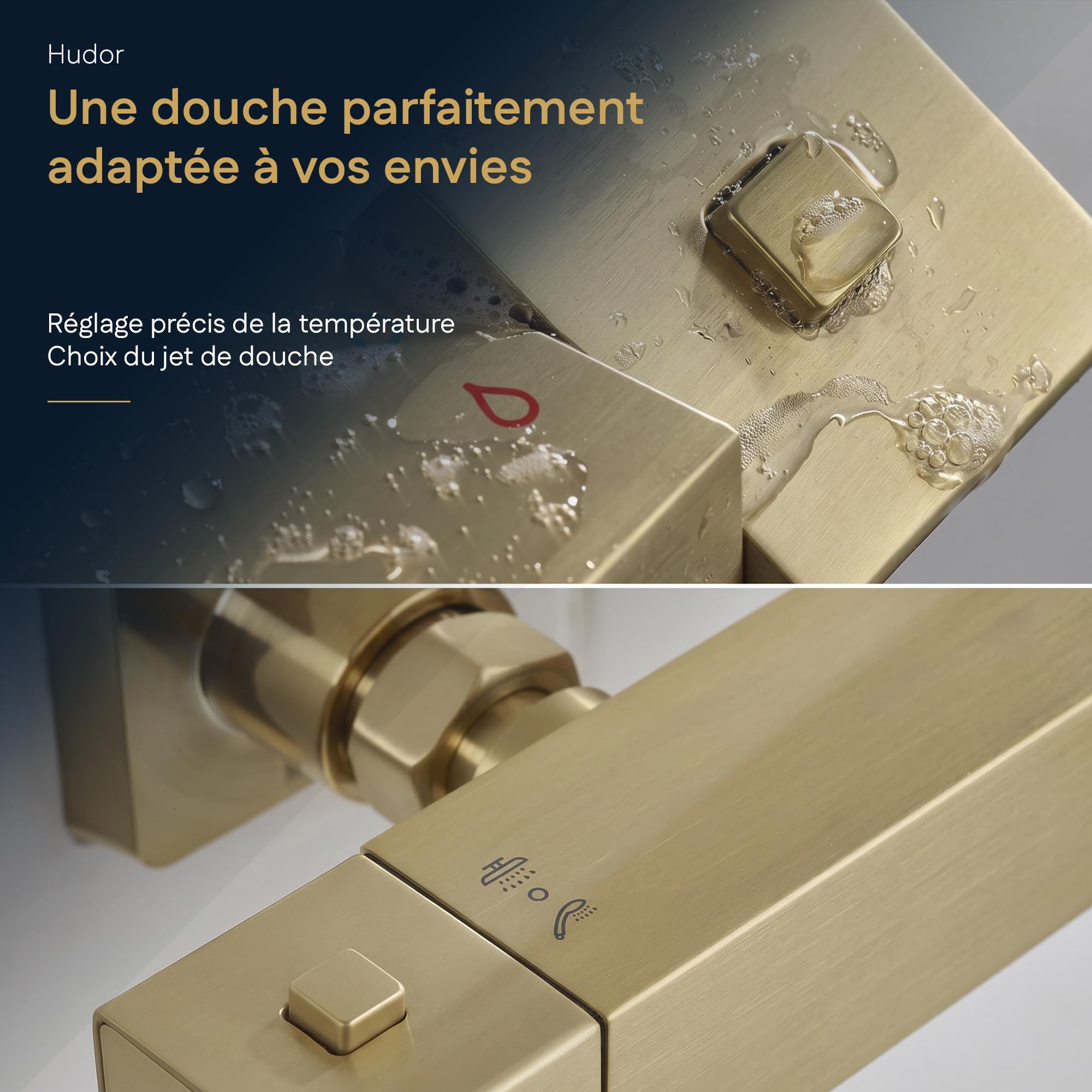 Colonne de douche thermostatique SC428DB – Laiton doré brossé (Or Mat) – Collection Scamandre – Raffinée et durable