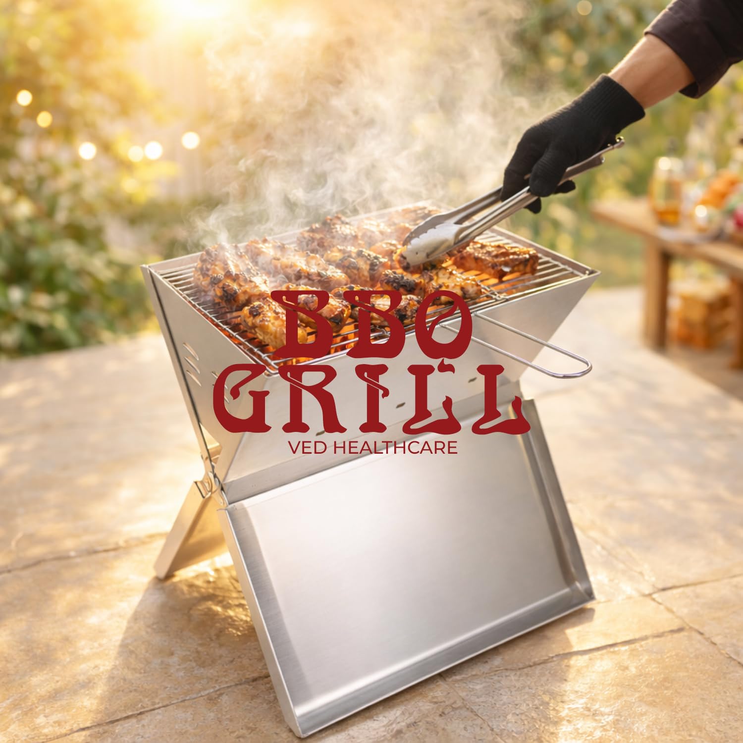 Ved Draagbare opvouwbare picknick en camping barbecue, zilver, gemaakt van roestvrij staal, houtskoolroker voor terras, terras, achtertuin, camping, wandelen en stranduitstapjes