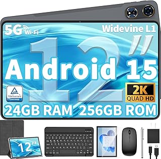 Tableta Android 15 de 12 pulgadas, tableta Android mejorada 2025 con teclado, 24 GB de RAM+256 GB de ROM (expansión de 1 TB), pantalla Octa-Core, pantalla 2K 2000 x 1200, cámara dual de 16 MP, 8000