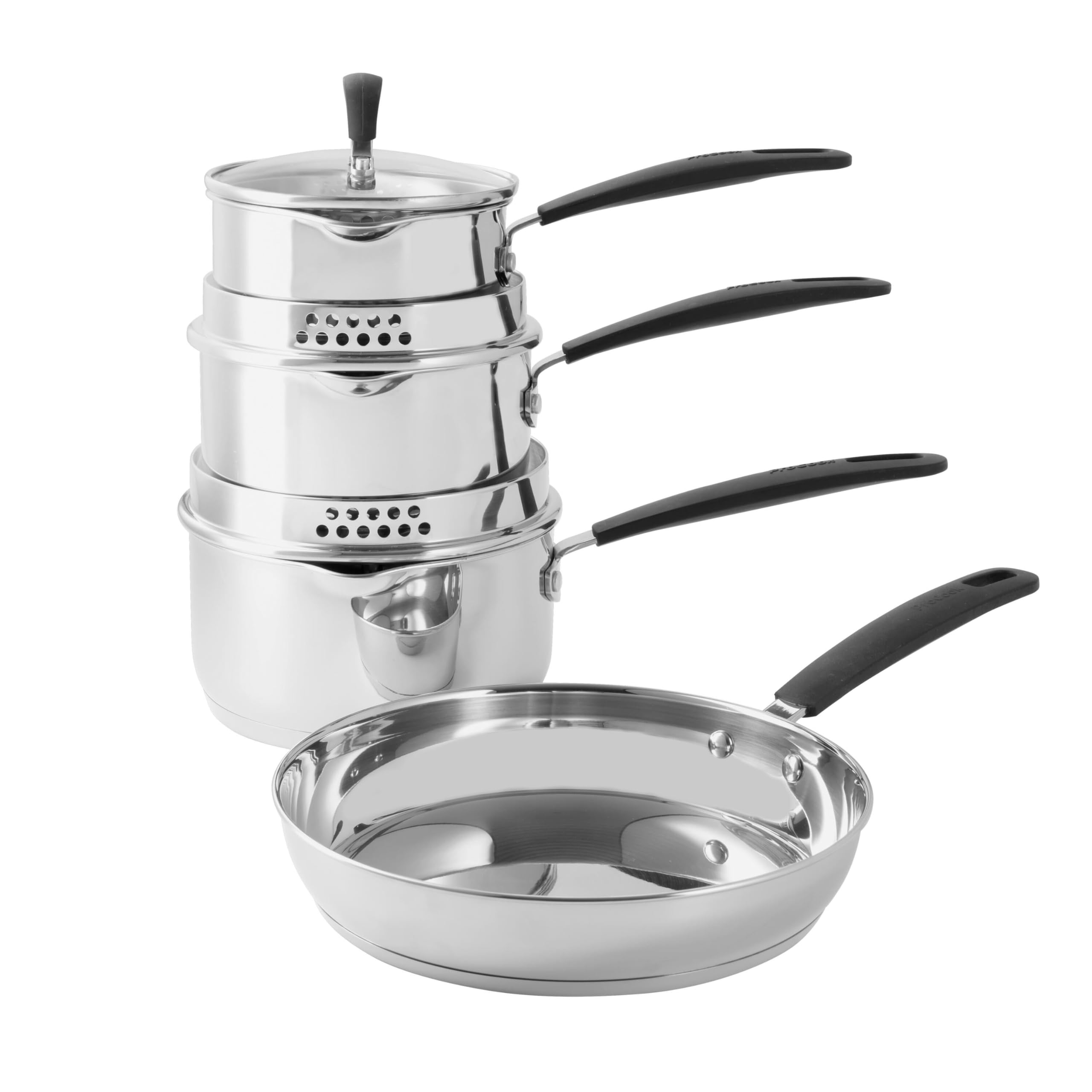 ProCook Gourmet Stainless Steel Cookware Set with Stay Cool Handles Uncoated Induction Pans Dishwasher Safe Cooking Pots - 4 Piece, 14/16/18/24 cm, 1/1.7/2.4 L