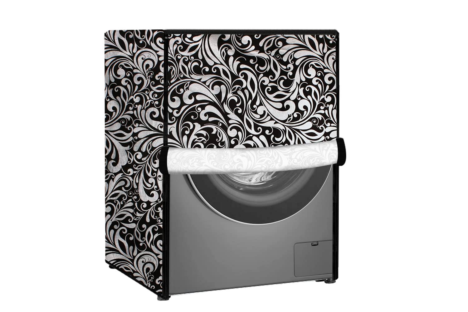 Stylista Washing Machine Cover Compatible for Samsung 8 Kg Fully-Automatic Front Loading WW80T604DLB, Floral Pattern Black