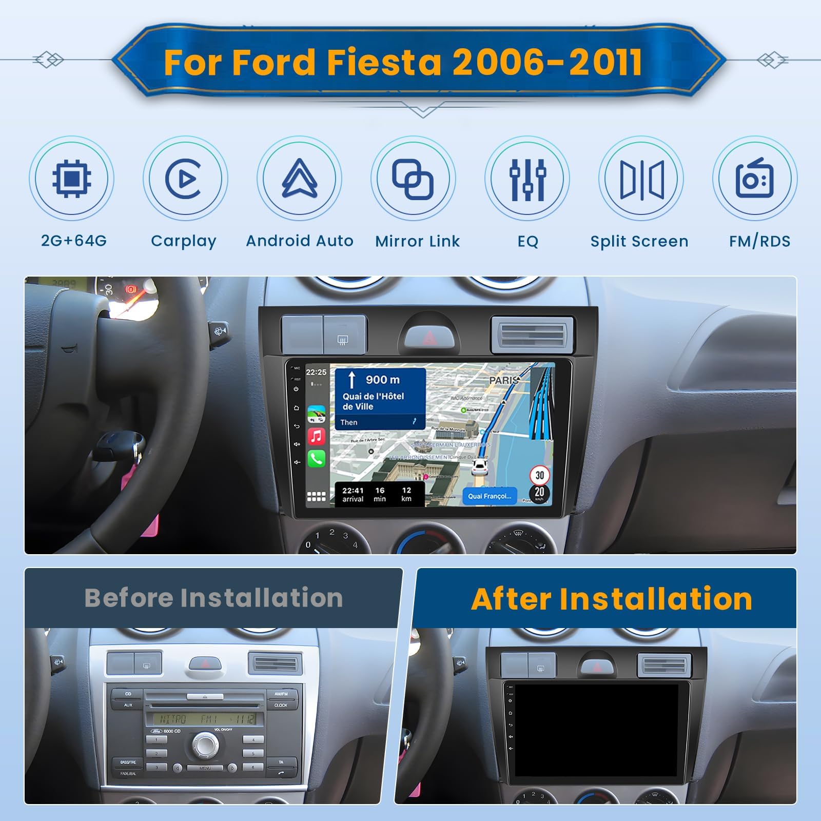 Inefala 2+64G Android 15 CarPlay Radio para Ford Fiesta 2002-2008, Pantalla Táctil de 9 Pulgadas con Inalámbrico CarPlay y Android Auto, Soporte Navegación GPS Mirror Link Bluetooth RDS AHD Wi-Fi DSP