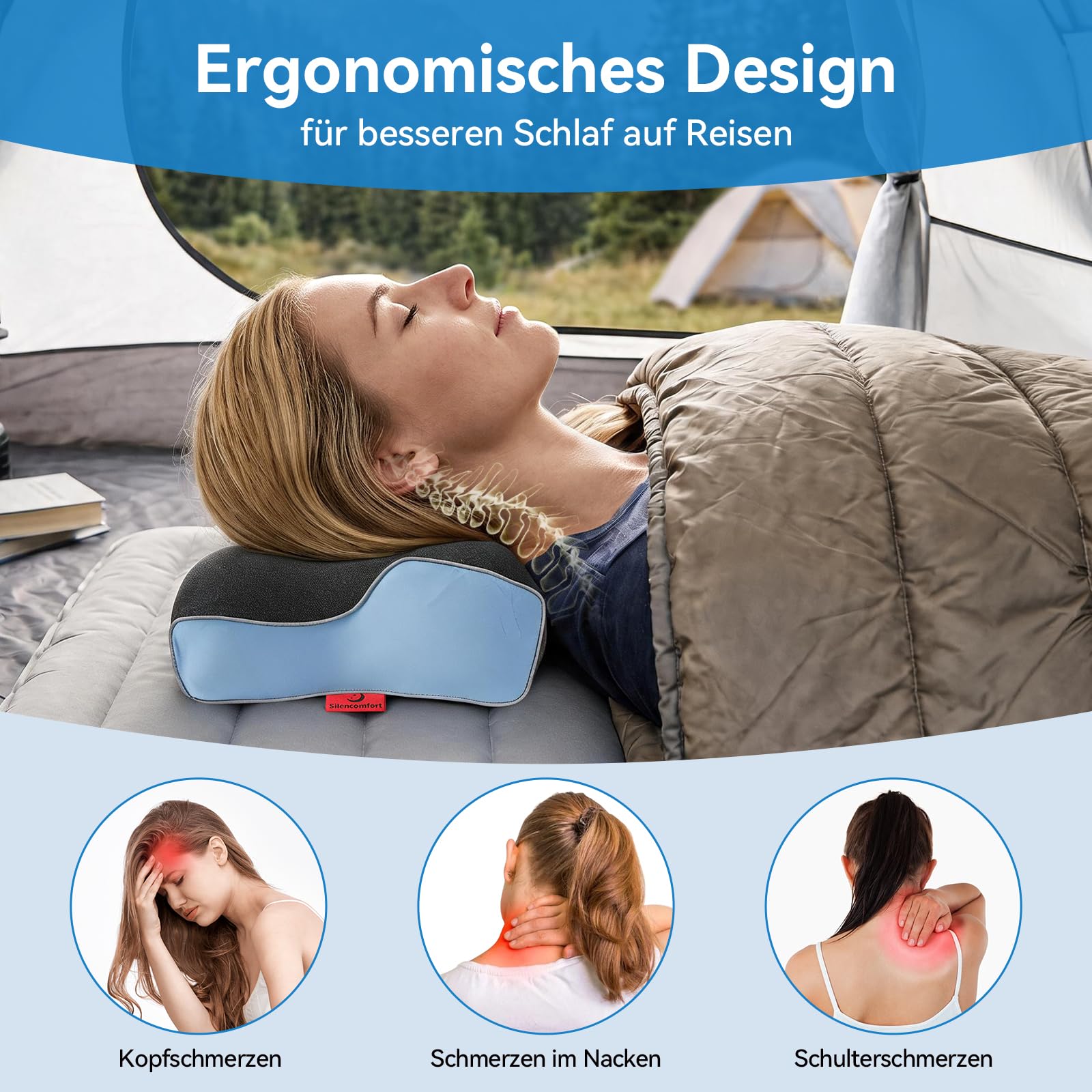Cuscino da Viaggio in Memory Foam, Compatto Cuscino Campeggio per Dotato di Federa Rinfrescante, Cuscinos Cervicale Ergonomico per Camper, Tenda, Attività all'Aperto e Viaggi di Lavoro