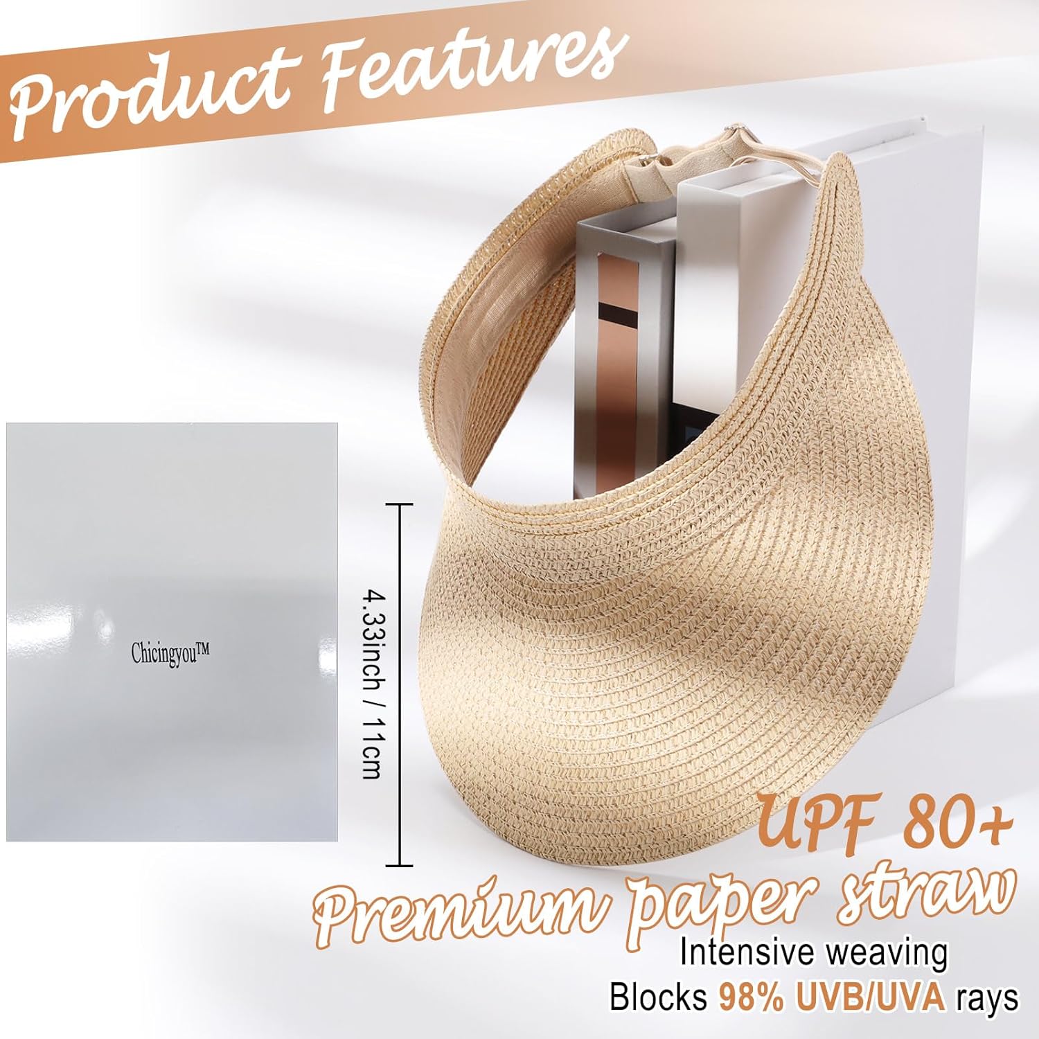 Sun Visor Hat for Women Wide Brim Straw Visors Beach Hat Ponytail UV UPF Packable Foldable Travel - Image 2