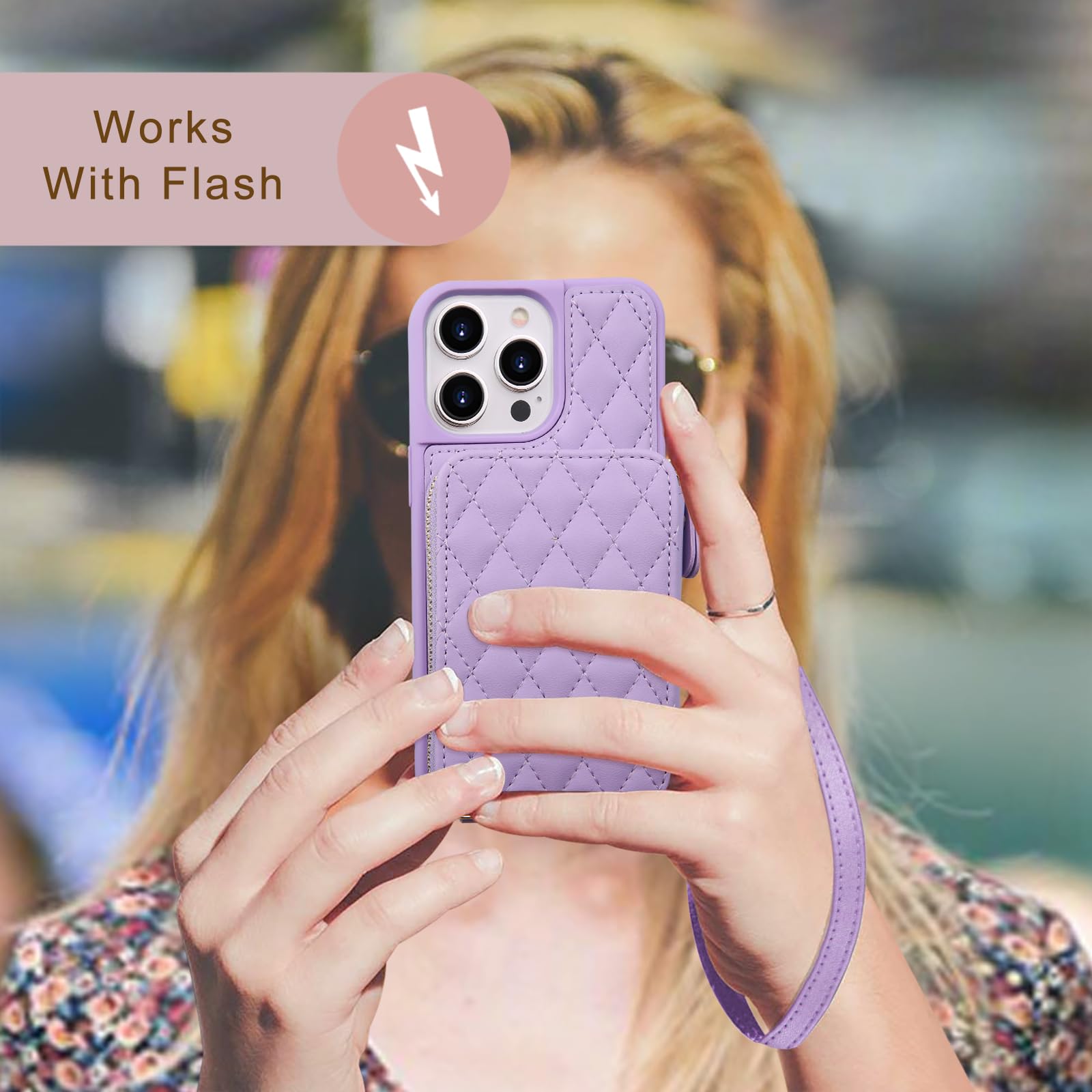 CORCUS Crossbody Wallet Case Compatible with iPhone 15 Pro Max with Strap-RFID Blocking Zipper Card Holder Quilted Leather Phone Cover Wristlet Lanyard women (6.7-inch)-Violet Purple