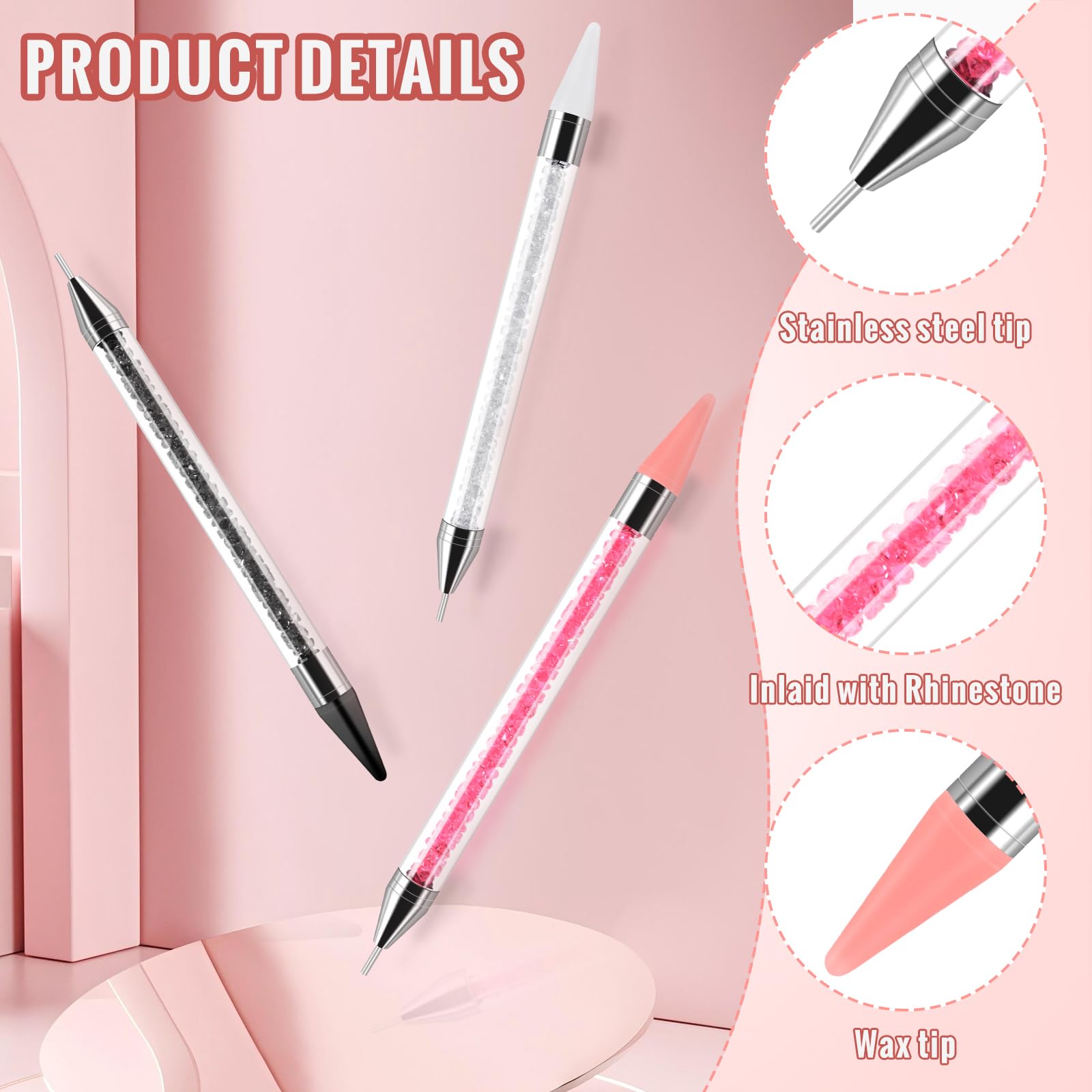7 Pcs Rhinestone Picker Tool-3 Pcs Double-ended Wax Pencil for Rhinestones Rhinestones Applicator with 3 Extra Wax Tips and 1 Tweezer for Nail Art and DIY Decoration (Black - Image 3
