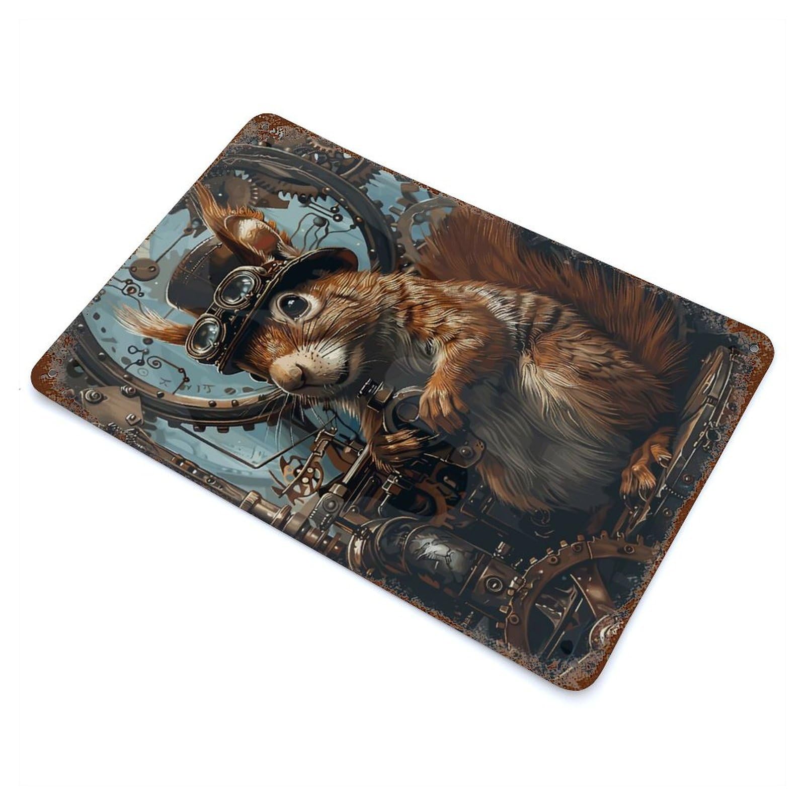 Steampunk Animal Squirrel Retro Metal Sign 11.8"x7.9", for Pub, Kitchen And Man Cave Decor, Industrial Home Decor