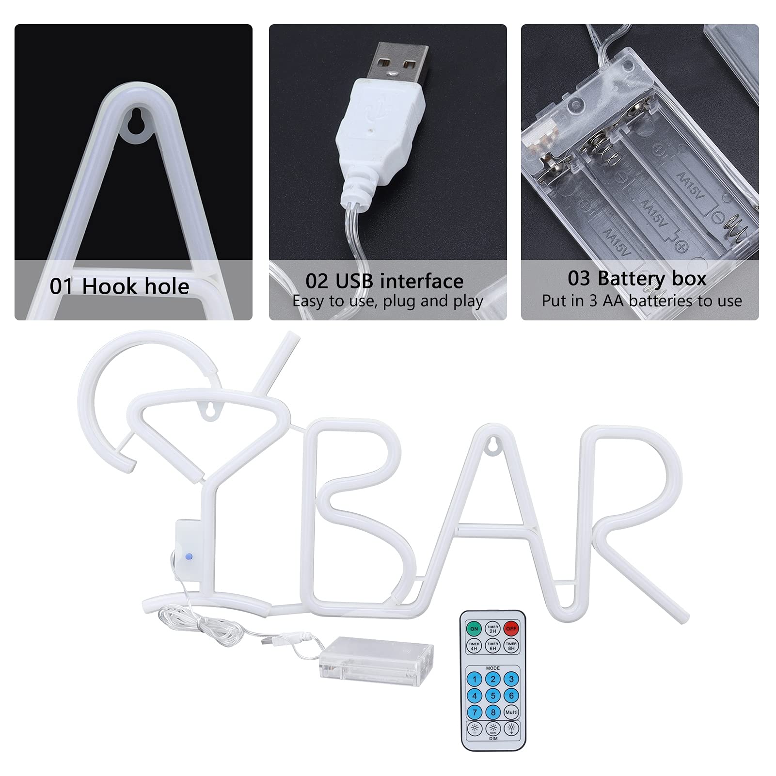 Cocoarm Neon BAR, Neonowa LED ABS PVC z Pilotem, 8 Trybów Oświetlenia, Zasilanie Przez USB lub baterię, Dekoracja ścienna o Wymiarach 21,7 X 10 Cali do Domowej Sypialni z Barem (Numer 2 (13 x 2,9
