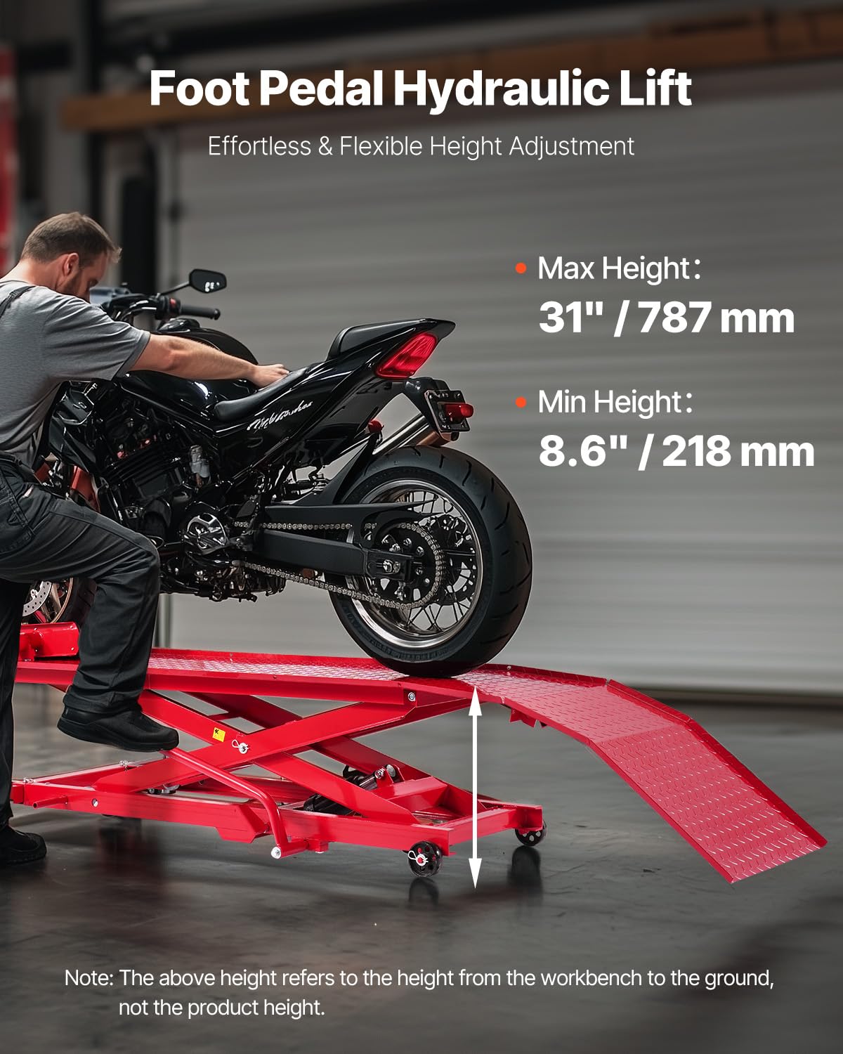 VEVOR Gato Hidráulico para Motocicleta, Carga 457 kg, Flexible de 360°, Rango de Altura 22 a 80 cm, con Cerradura de Seguridad para Vehículos Todoterreno y Motos de Cross, 2785 x 1015 x 1018 mm
