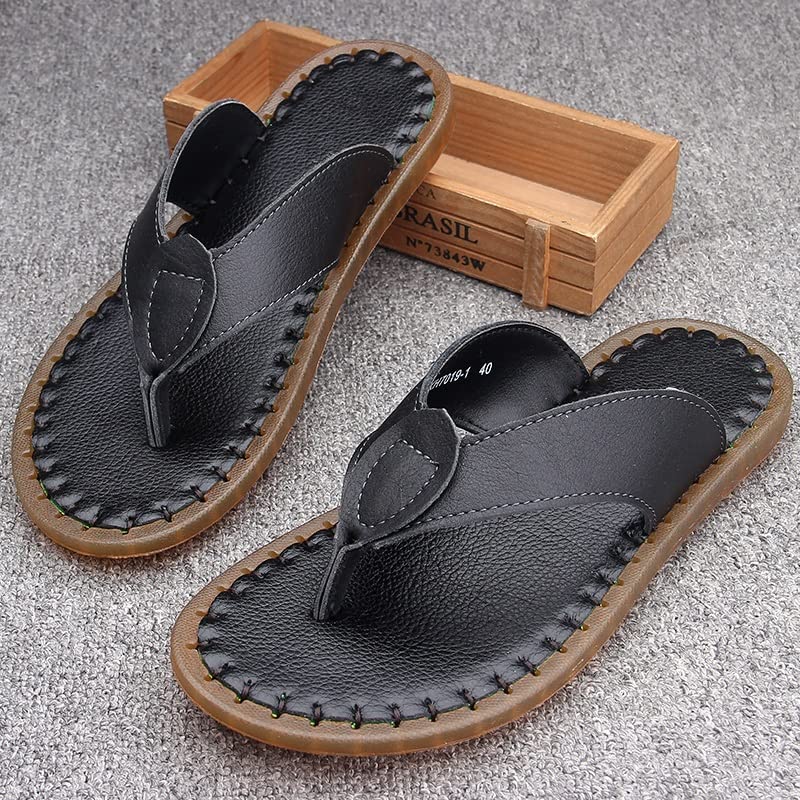 Men's Flip-Flops Leather Soft Bottom Non-Slip Breathable Men's Beach Shoes(D,39 Code)2