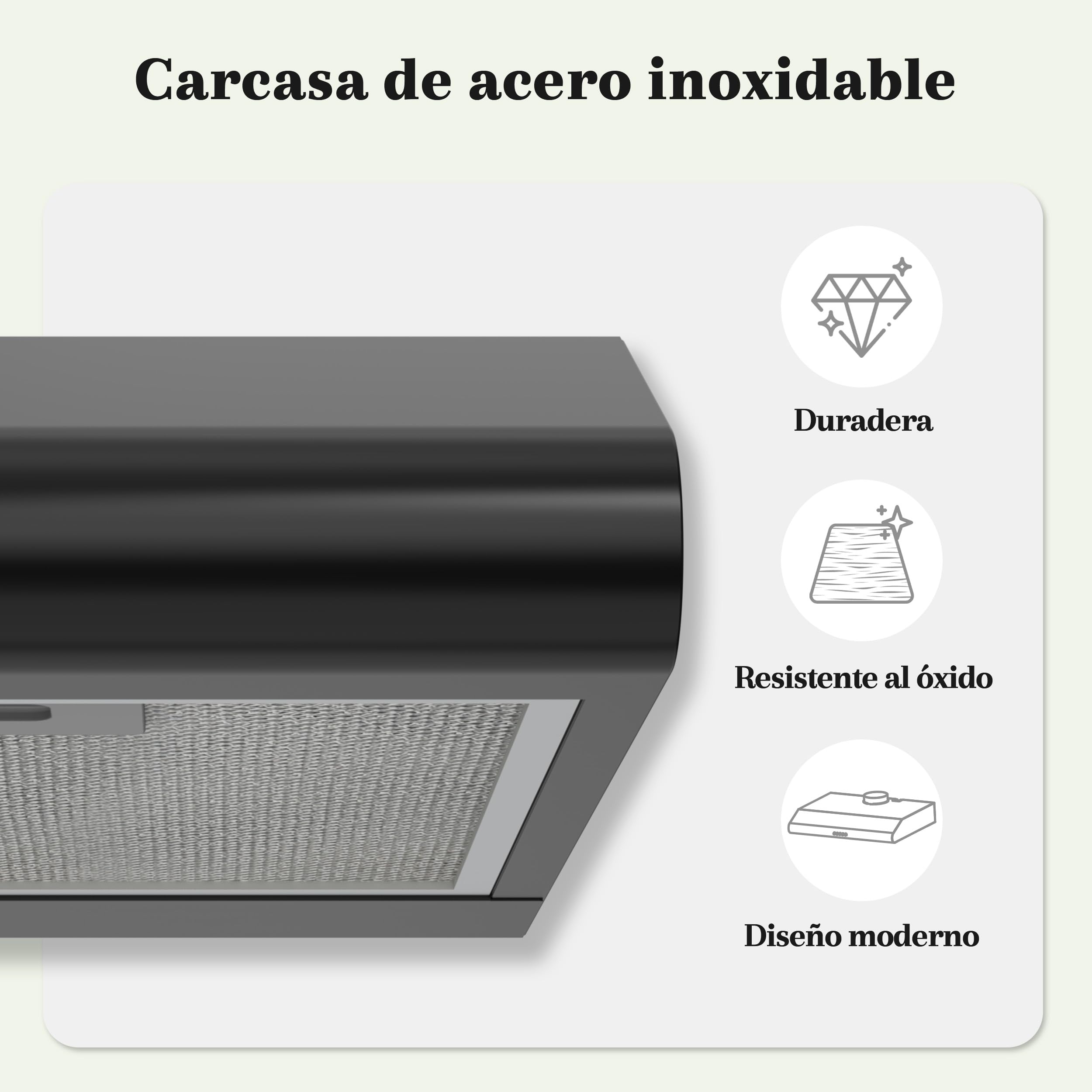 FIREGAS Campana Extractora 60cm Negra A++, Motor Brushless Silencioso 46dB, 319m³/h, Acero Inoxidable, Salida Superior/Trasera o Recirculación, Incluye 2 Filtros de Carbón