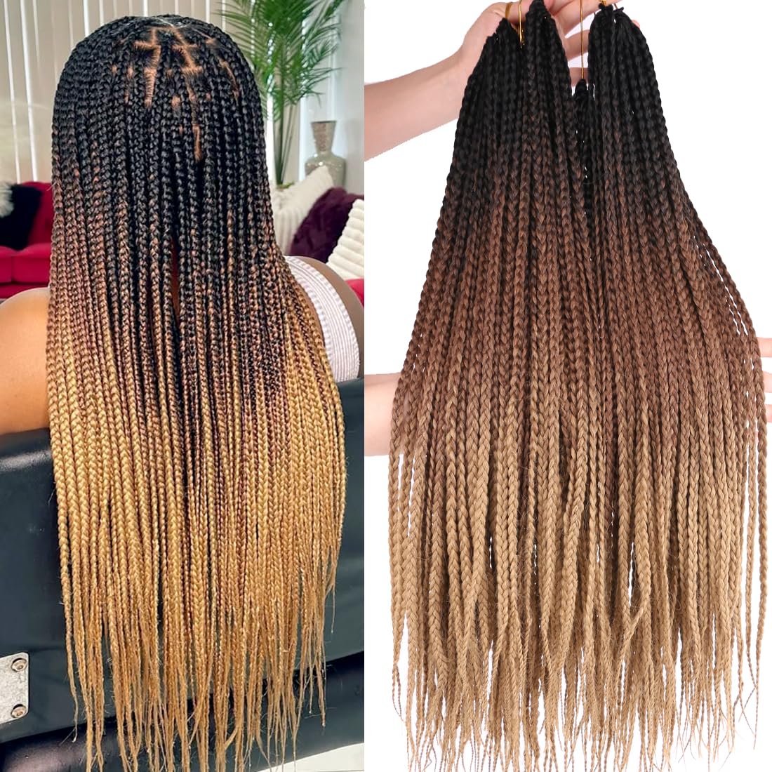Ombre Box Braids Crochet Hair 6 Packs Goddess Pre looped Crochet Box Braids for Women Black to Honey Blonde Golden 3X Small Box Braided Knotless Braiding Hair Extensions(24 Inch,T1B/4/27#)