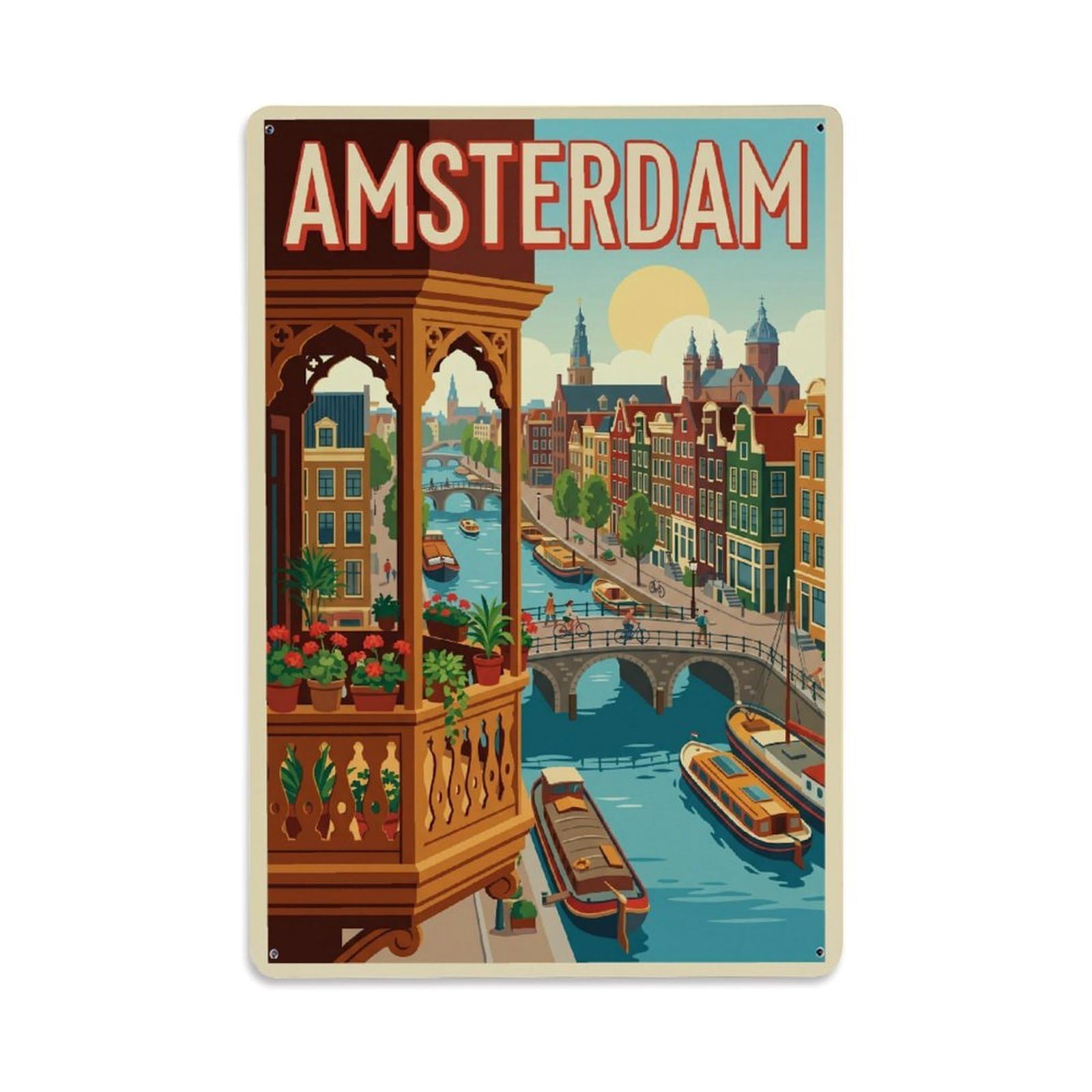 Balcony Canal Classic Amsterdam Waterfront Tourism Metal Tin Sign Plaque Wall Decor for Cafe, Man Cave, Club Bar, Office, Home Garden Round Metal Poster 8x12Inch