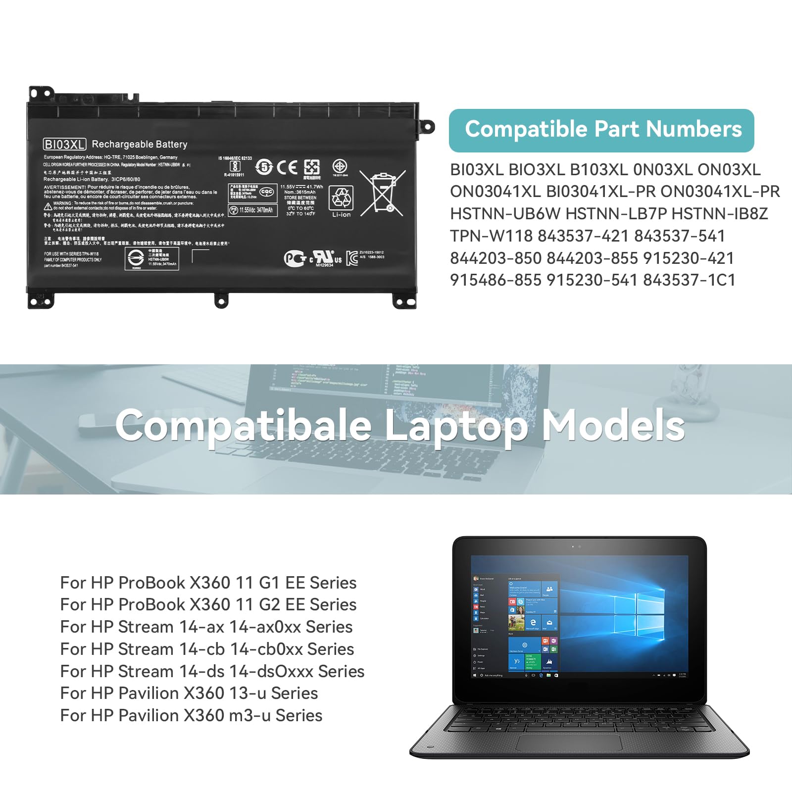 Rsi Hp Bi03xl Battery For Pavilion X360 13-U, X360 M3, Probook X360 11 G1, G2, Stream 14-Ax at Rsi Hp Bi03xl Battery For Pavilion X360 13-U, X360 M3, Probook X360 11 G1, G2, Stream 14-Ax at