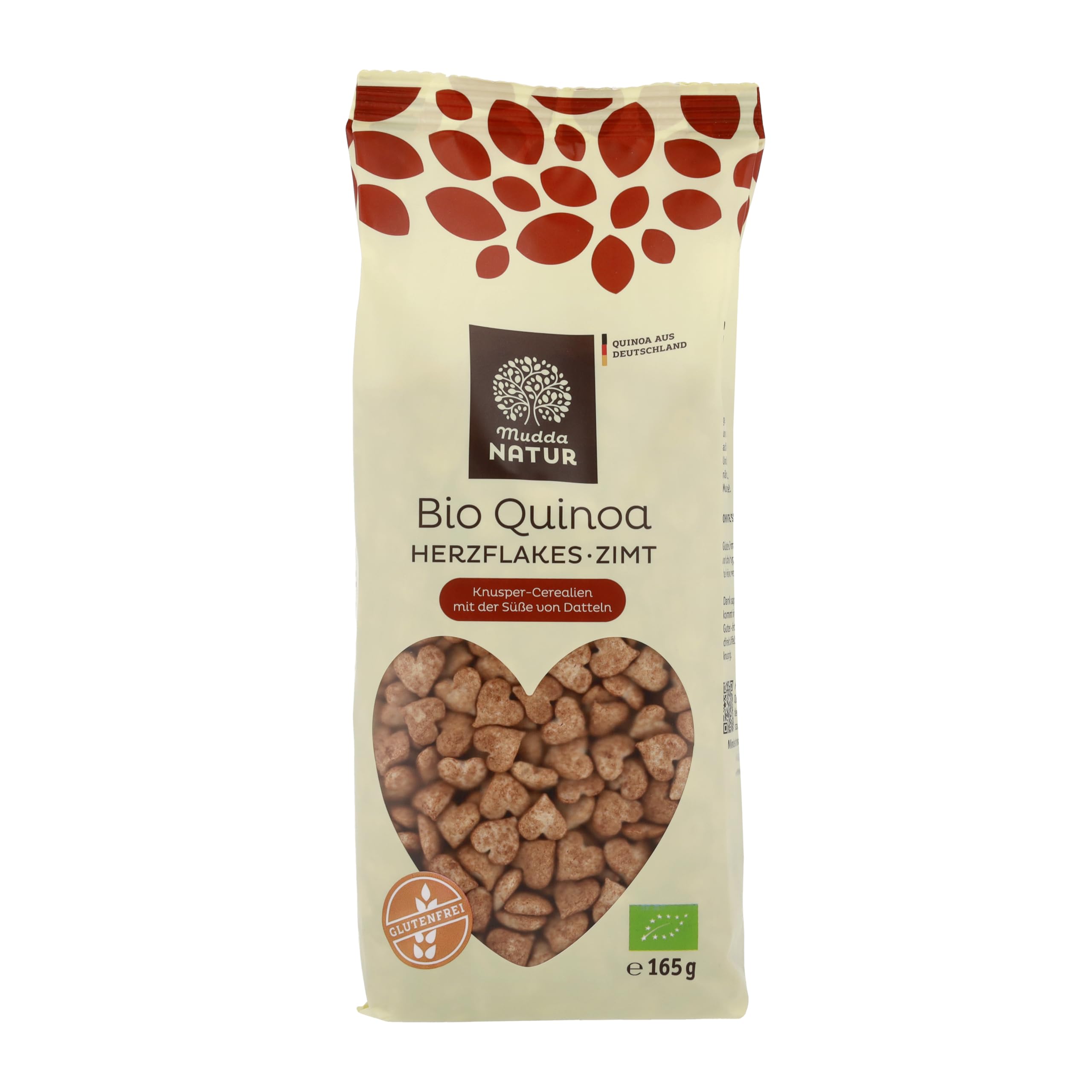 Mudda Natur Bio Vollkorn Quinoa Herzflakes Zimt & Dattel (6x165g) - angebaut in Deutschland - glutenfrei, vegan & mit der Süße von Datteln - perfekt fürs Frühstück, Müsli, Porridge & als Snack