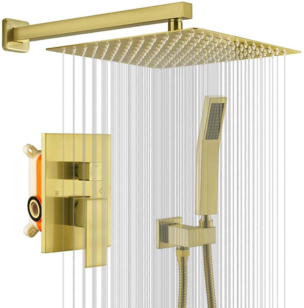 OZBMA Shower Set Systems, Bathroom 10-12 Inch Rain Head with Handheld Rainfall Mixer Combo Set, Wall Mounted Brushed Gold