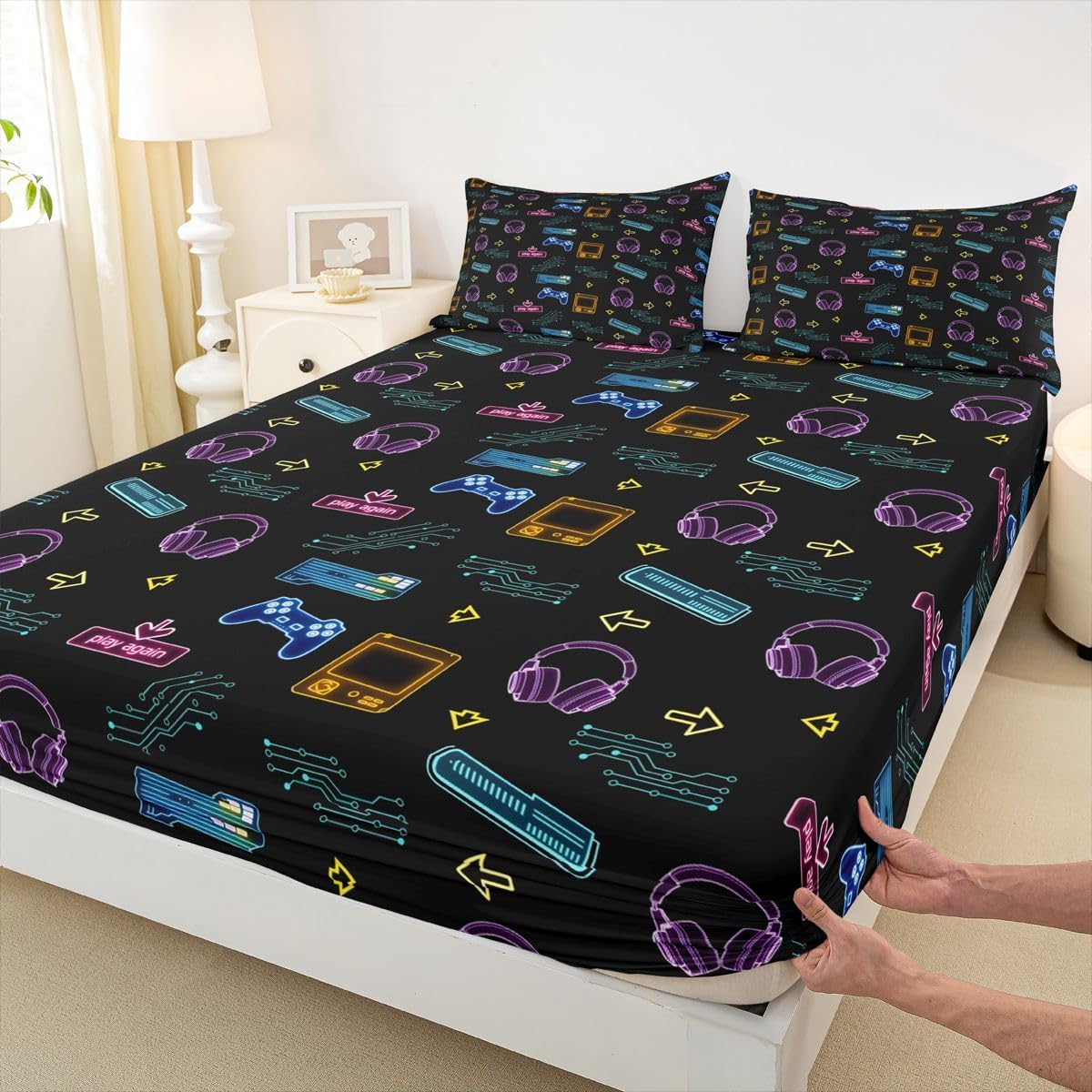 Neon Gamepad Kids Full Size Fitted Sheet,Gaming Headset Room Decor,Video Games Boys Girls Bed Sheets,Black Purple Bedding Set,2 Pillowcases(No Flat) image 3