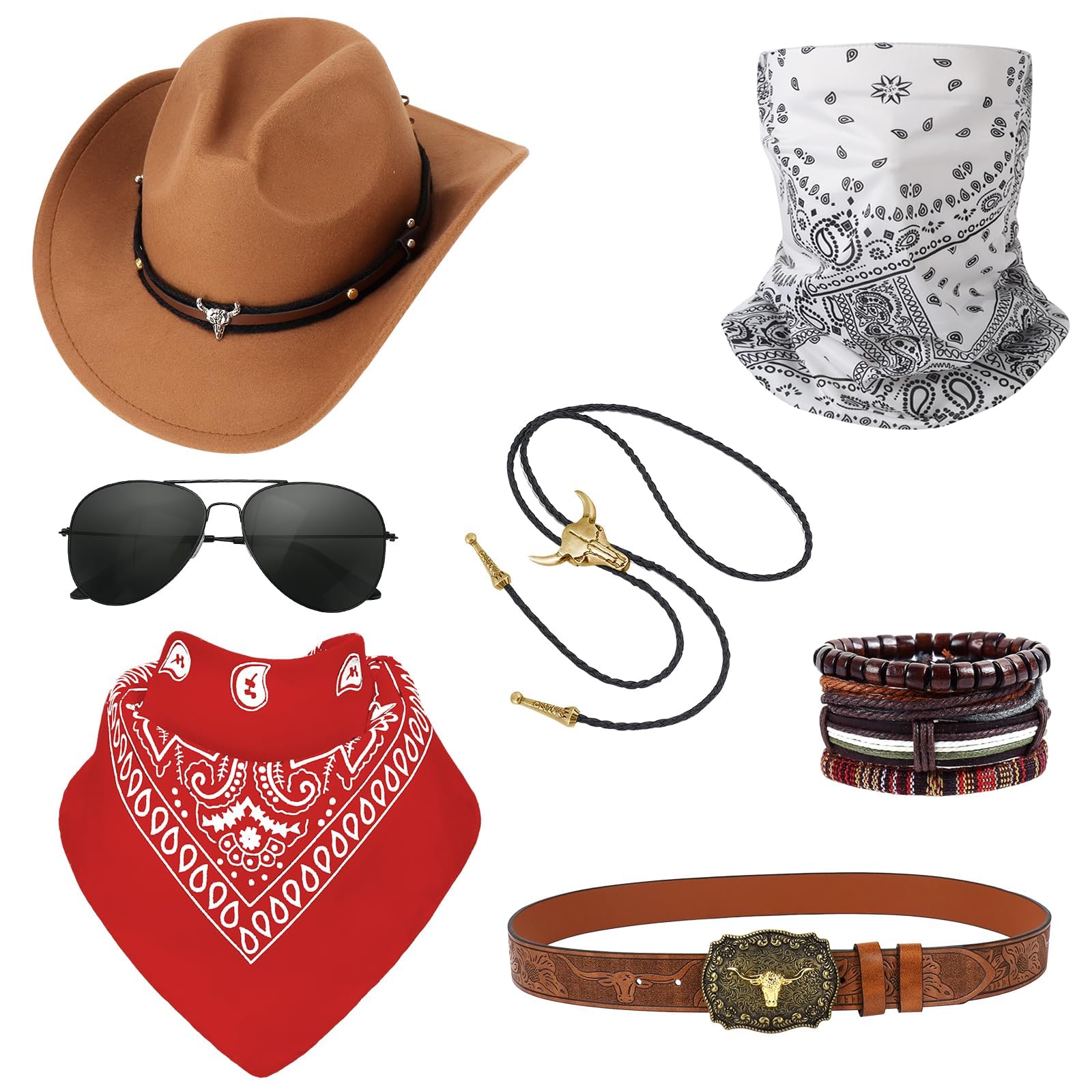 XJGQZ 7Pcs Western Cowboy Accessories for Adults, Wild West Cowboy Fancy Dress with Hat Bandana Glasses Mask Bracelet Belt Buckle Bolo Tie for Women Men Halloween Theme Party, Brown