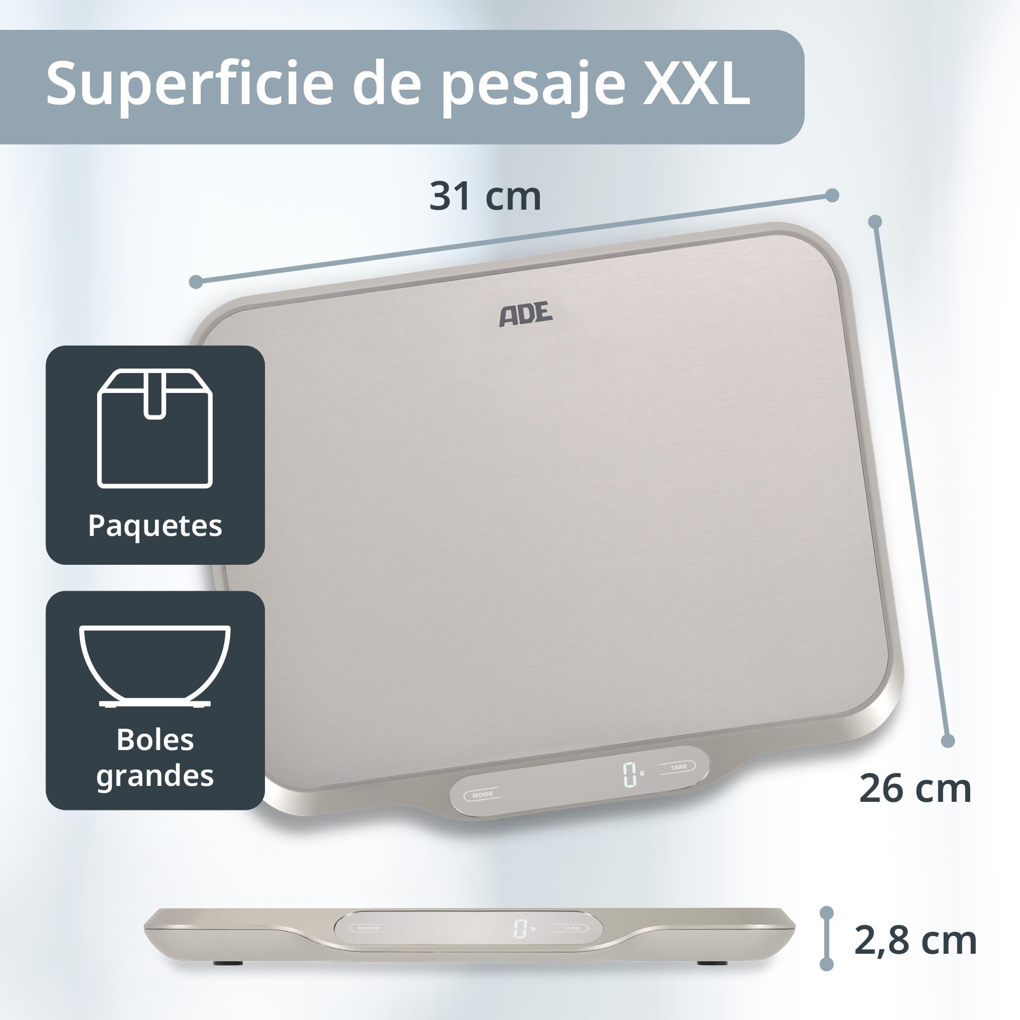ADE Balanza de cocina extra grande digital hasta 15 kg | Superficie de pesaje 26x31 cm | Balanza para paquetes