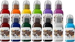 WORLD FAMOUS TATTOO INK Bundle with 12 Primary Color Kit #1 & Rainbow Blue Tattoo Ink - Professional - Skin-Safe Permanent Tattooing in Bold Shades - Vegan & Non-Toxic (13 Bottles, 1 oz Each)