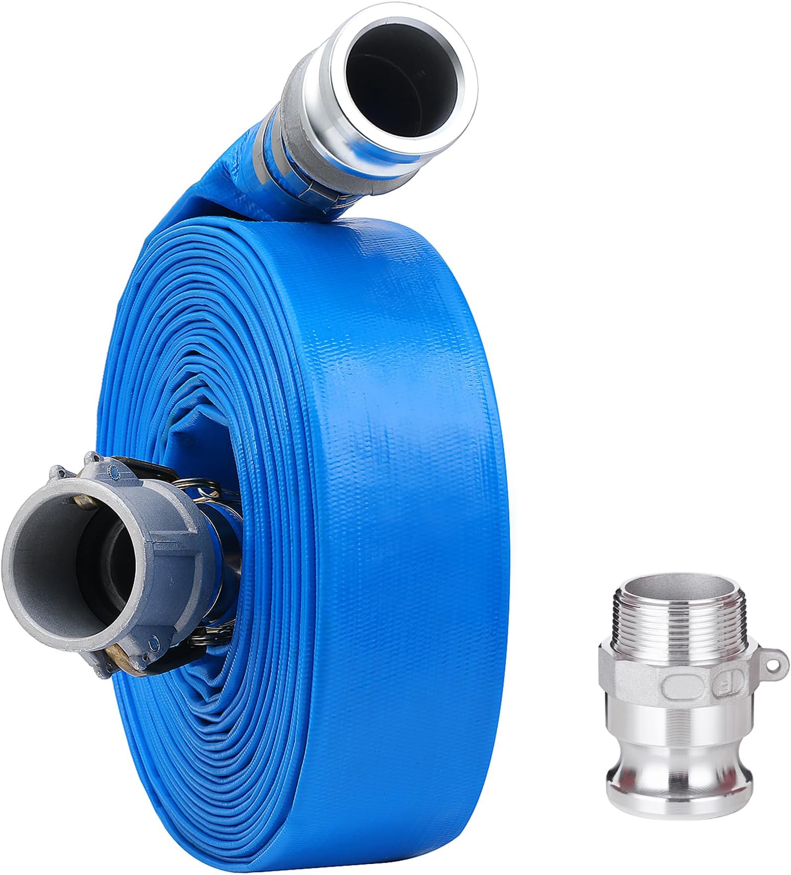 1-1/2" x 100ft PVC Lay Flat Discharge Hose With Aluminum Camlock C & E Fittings, Cam Lock Fitting Type F included, Heavy Duty Reinforced Pump Backwash Hose Assembly