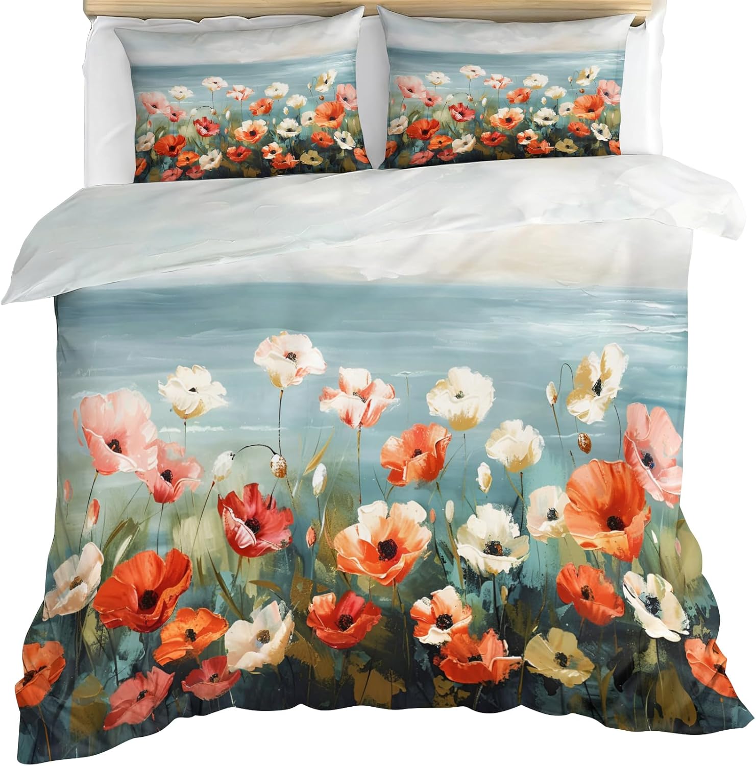 Tropical Beach Comforter Cover Queen Size 90" x 90", Cartoon Flower Palm Leaves Duvet Cover, Sunset Coastal Bedding Set with 2 Pillowcases