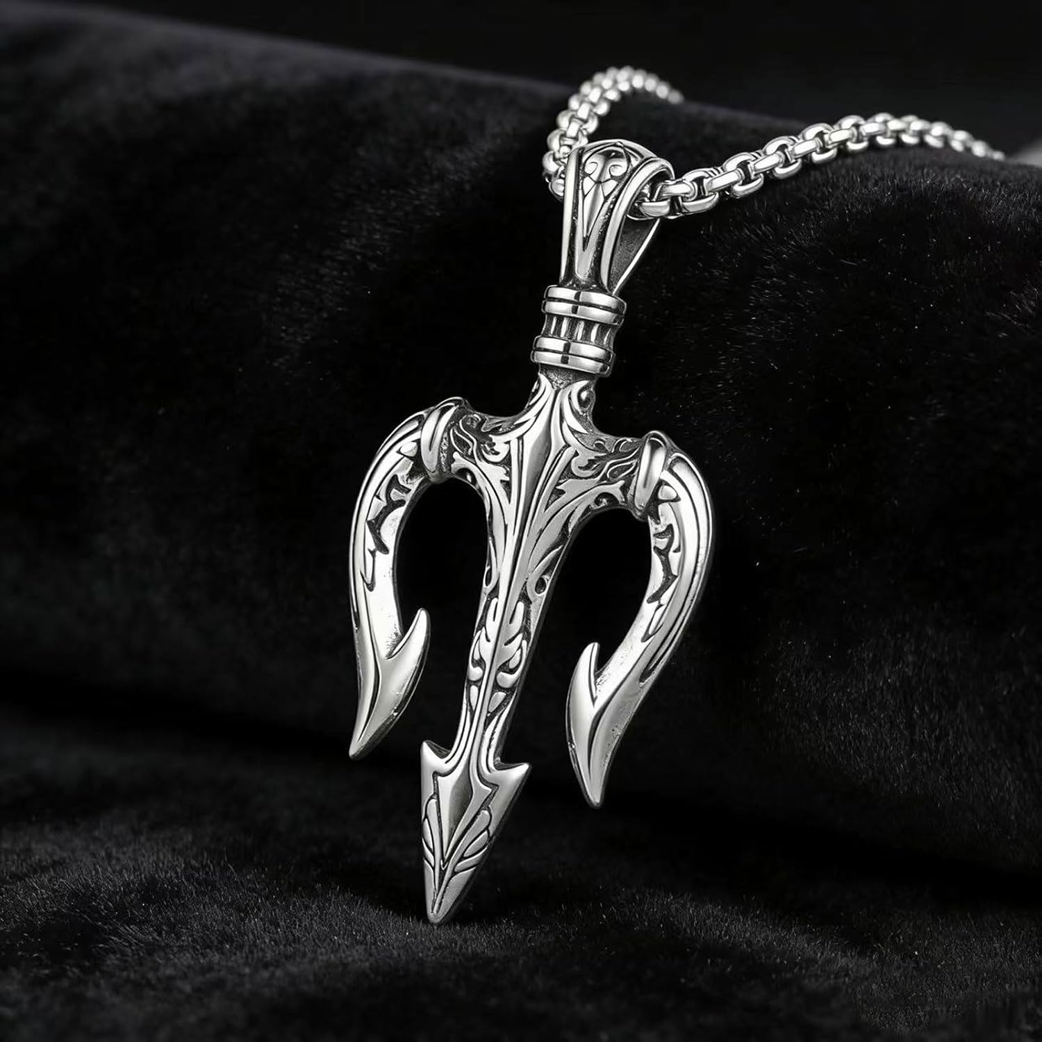 Men's Retro Poseidon Trident Pendant Necklace, 316L Stainless Steel, Silver Stainless Steel Square Pearl Chain, Ancient Greek Mythical Talisman - Image 6