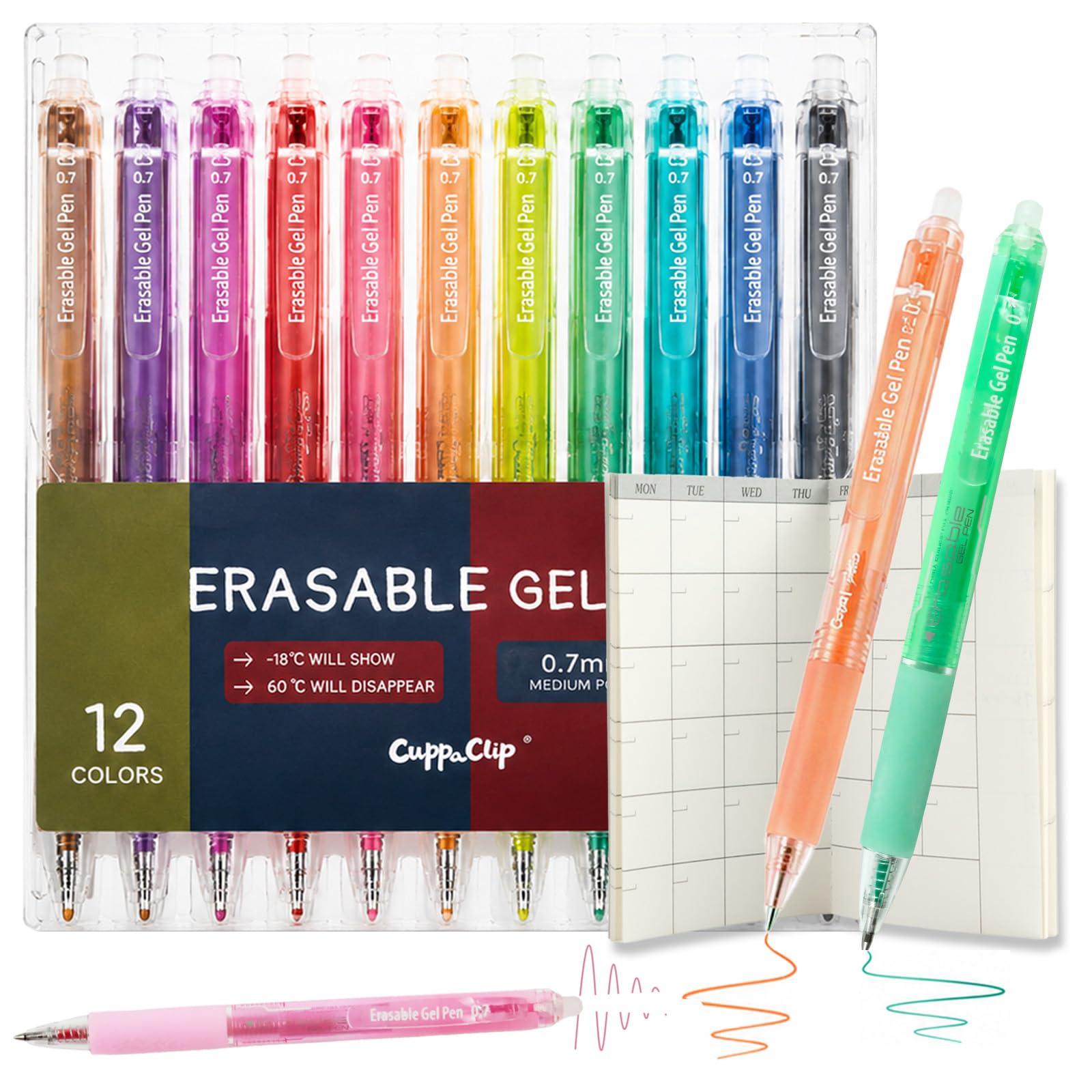 Erasable Gel Pens, 12 Colors, 0.7mm Retractable Medium Point