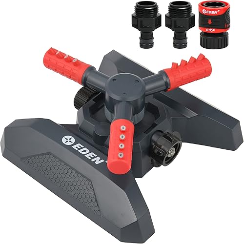 Eden 94120 Aspersor giratorio automático para césped y jardín para patio, cobertura de área grande con juego de inicio de conexión rápida, base