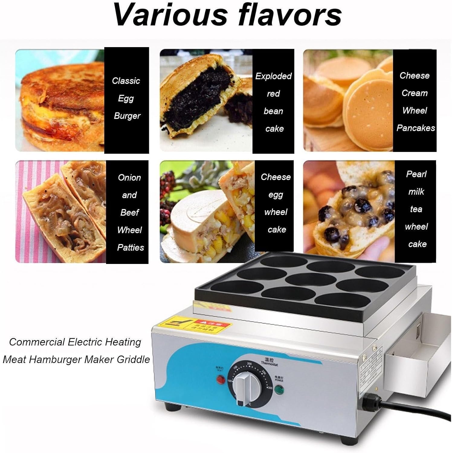 Burger Maker Machine 9 Hole Egg Burger Machine, Omelette Maker Non-Stick, Commercial Electric Heating Cake Maker, with Temperature Control Knob