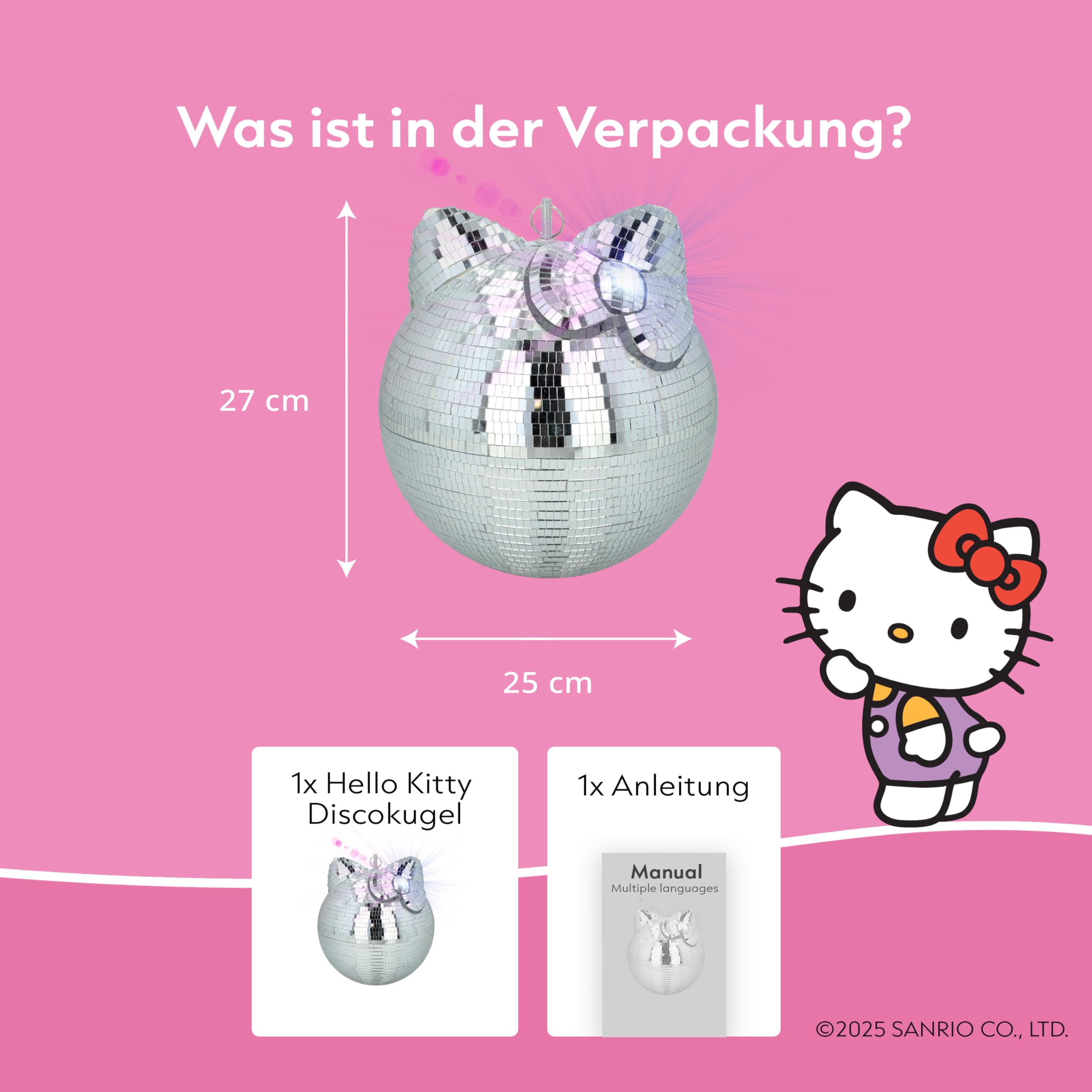Hello Kitty Discokugel | Party Deko Kugel mit Spiegel Effekt | Disco Licht für Kinderzimmer und Geburtstag | 25x25x27CM | Mini Discokugel Deko für innen und außen