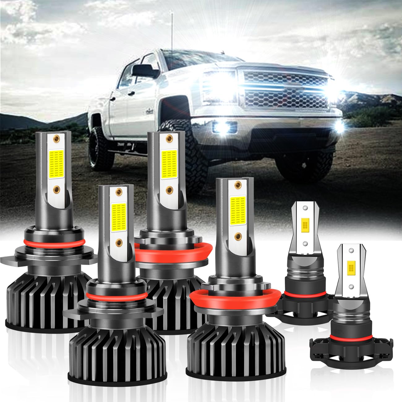 Fit For Chevy Silverado 1500 2500HD 2007-2019, 9005 H11 LED Bulbs,9005+H11 High & Low Beam Bulbs, 5202 Fog Lights, 500% Brightness, 6000K White,Plug and play, Pack of 6