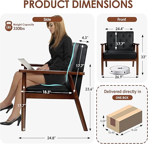Miniatura 2 de JIASTING Silla decorativa con reposabrazos de madera maciza retro de mediados de siglo, silla tapizada con respaldo copetudo, muebles de sala de