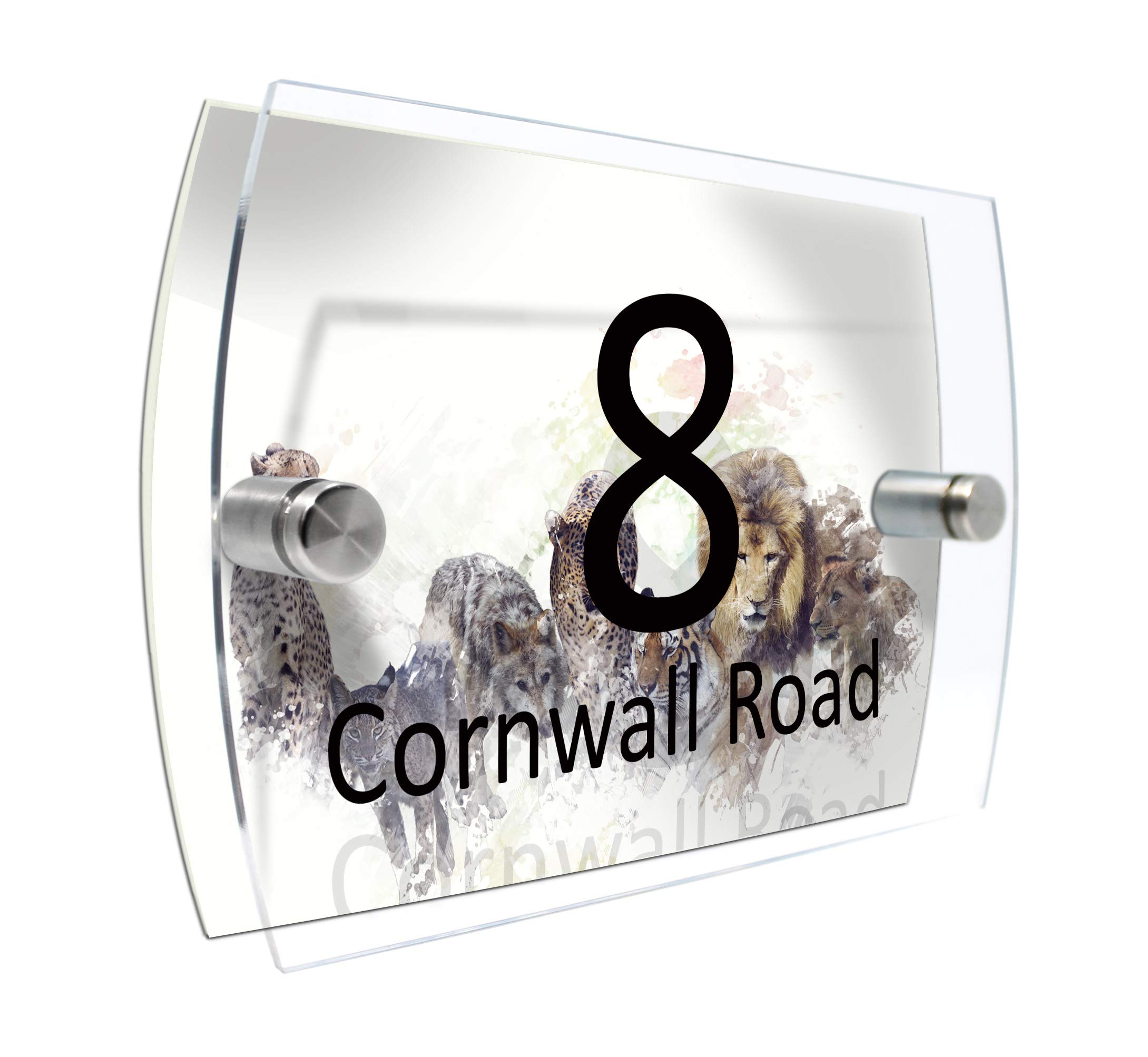 Colourbat Watercolour Animals Personalised Modern House number Sign Name and Number Street Wall Plaque (Wild Animals)