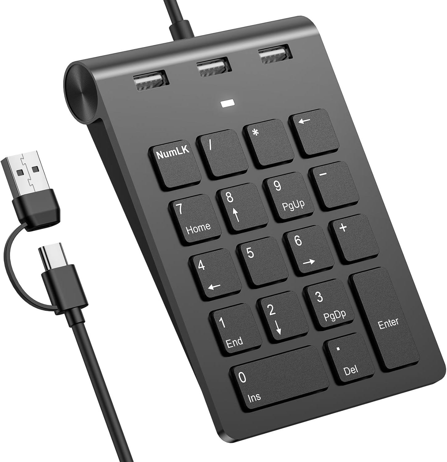 2-in-1 Number Pad & USB Hub with USB-C and USB-A Cables, 15° Ergonomic Wired Numpad with 3 USB 2.0 Ports , Number Keypad for Laptop/iPad/MacBook/PC/Windows/MacOS,No Adapter Needed USB Number Keypad