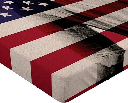 Miniatura 4 de Ambesonne Sábana bajera ajustable de fútbol, imagen compuesta de doble exposición de un jugador de fútbol y bandera estadounidense de carrera de