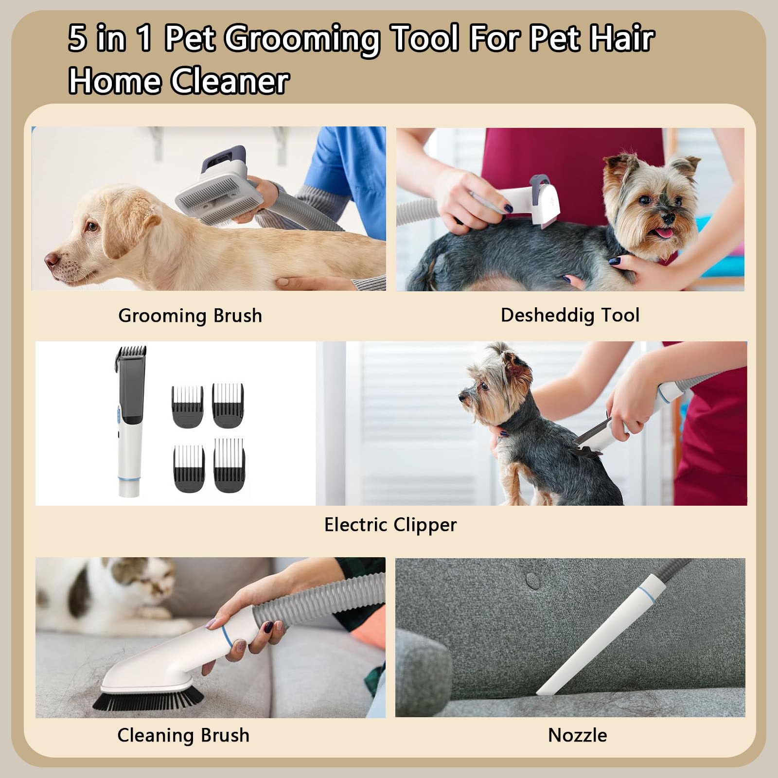 Aspiradora De Pelo Para Perros, Cepillo De Aspiradora Para Perros Para Mudar El Cuidado, Tres Niveles Ajustables, Viene Con Cinco Cabezales De Cepillo, Recogida De Succión Al Vacío De 9000 Pa
