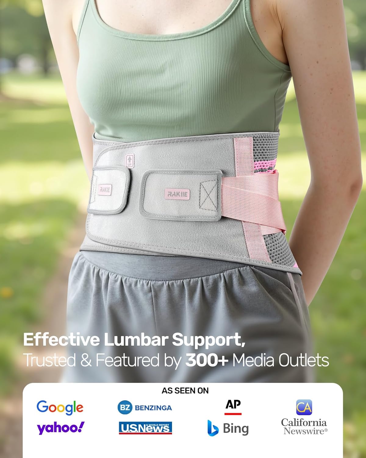 Rakiie Back Brace for Lower Back Pain Women with 9X Support System, Ergonomic Lumbar Support for Pain Relief, Breathable Mesh Design with 3D Silicone Pad for Sciatica, Sciatica, Pink Size L (Waist: 35.8"-43.7")