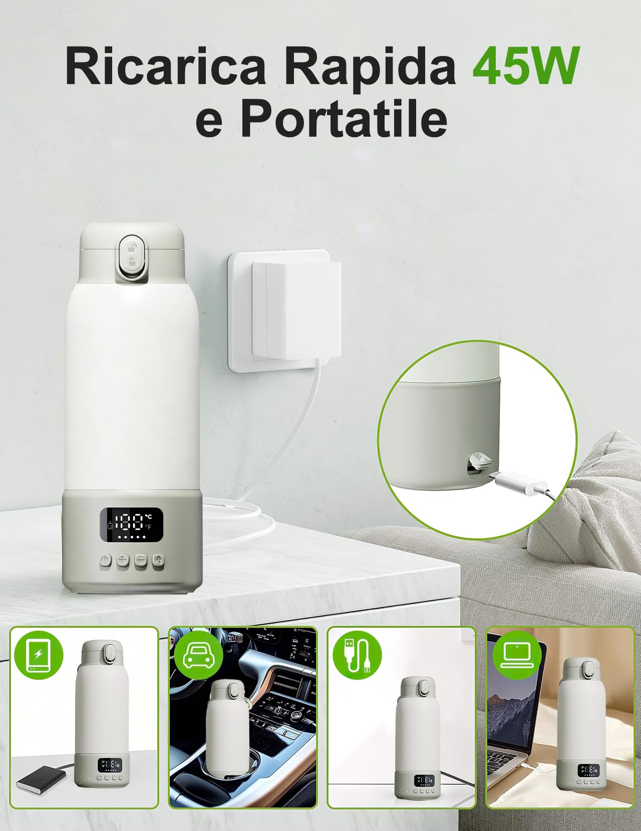 Scaldabiberon Portatile per Bambini da Viaggio, Scaldabiberon da 500 ml 35-70 °C Riscaldamento Rapido Latte Materno e Acqua, Controllo Preciso Della Temperatura per Viaggi, Auto e Attività All'aperto