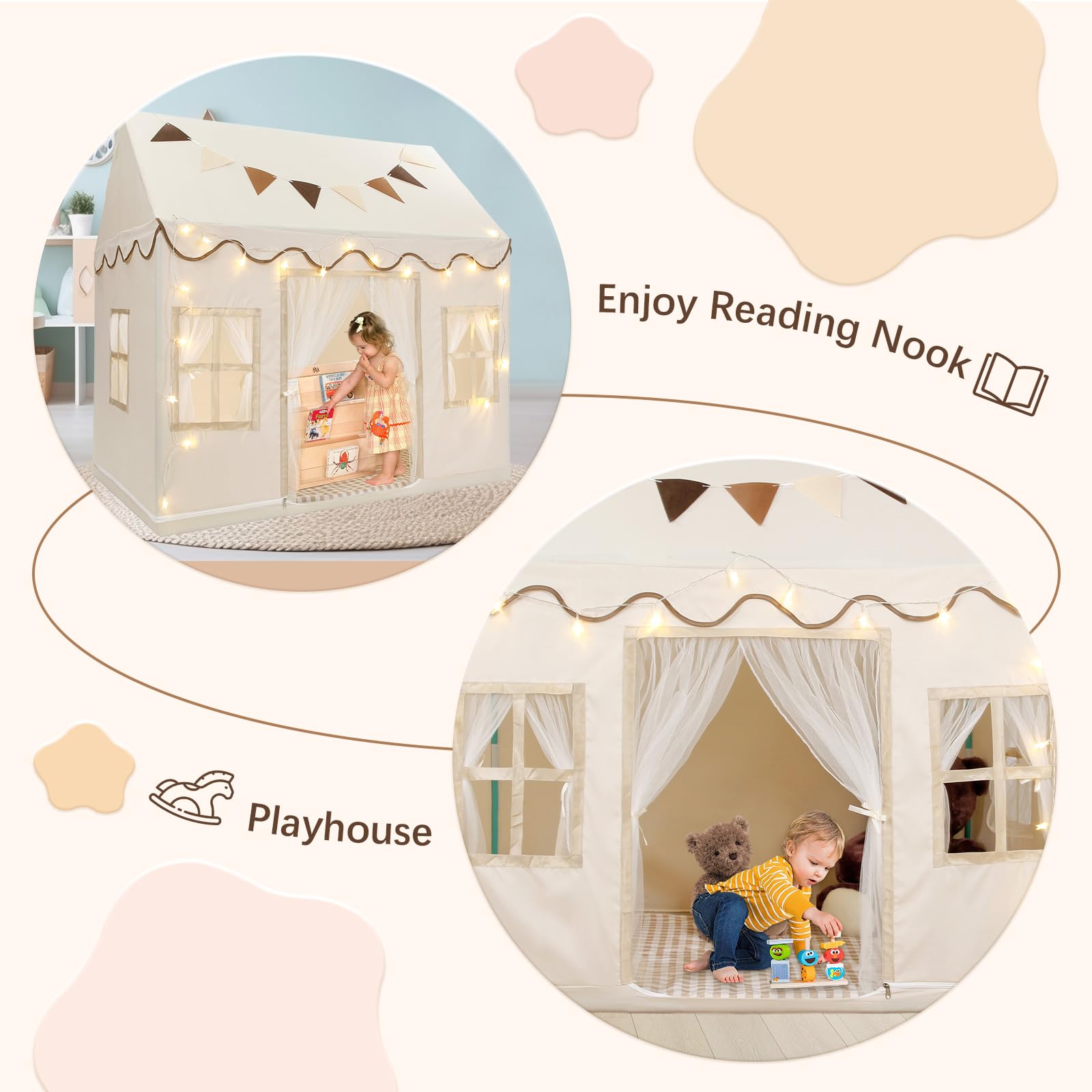 Tienda de campaña para niños, casa de juegos grande con cuerda de estrella, bandera, lavable a máquina, tienda de campaña para interiores y exteriores para niños, niñas y niños de 3 años en 6
