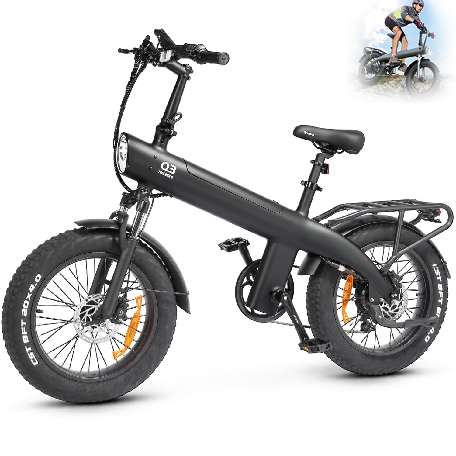 HX Q3 Bici Elettrica per Adulti,20" Fat Tire,E-bike Per Pendolari Urbani & MTB,115 NM,Batteria Rimovibile 48V 20AH,200KM,3 Modalità di Guida e 7 Velocità,Freni a Disco Idraulici,Portapacchi Posteriore