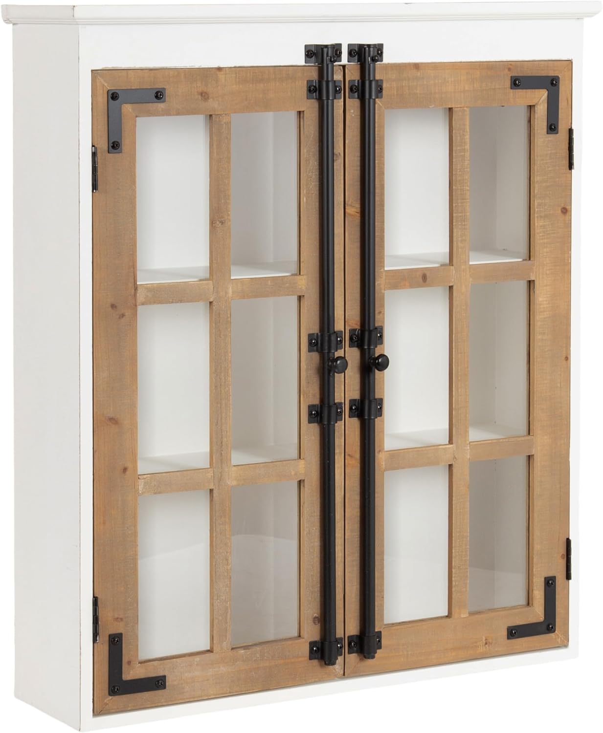Kate and Laurel Hutchins Farmhouse Tall Wooden Wall Cabinet, 24 x 7 x 28, Rustic Brown and White, Vintage Cabinet with Glass Doors for Pantry or Over-The-Toilet Storage
