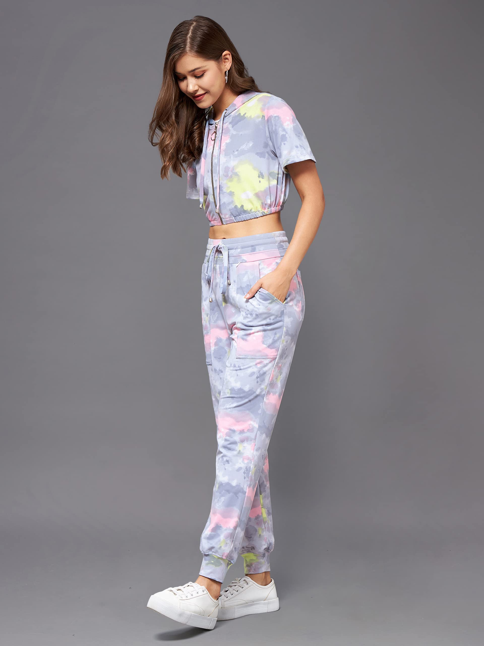 Miss Chase Women's Multicolored-Base-Grey Round Short Polyester Tie & Dye Crop Regular Co-Ord Set (Mcss22C01-01-175-07, Multicolored-Base-Grey, Xxl)