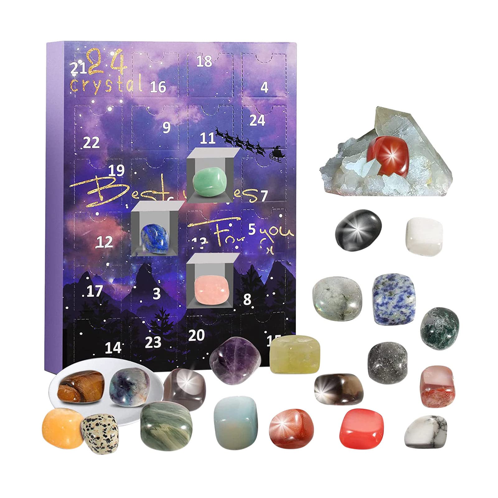 Gemstone Advent Calendar, Christmas Countdown Calendar, 24 Natural Crystal Agate Stone Fossil, Natural Mineral & Rock Stone for Girls & Boys Gift (Purple)